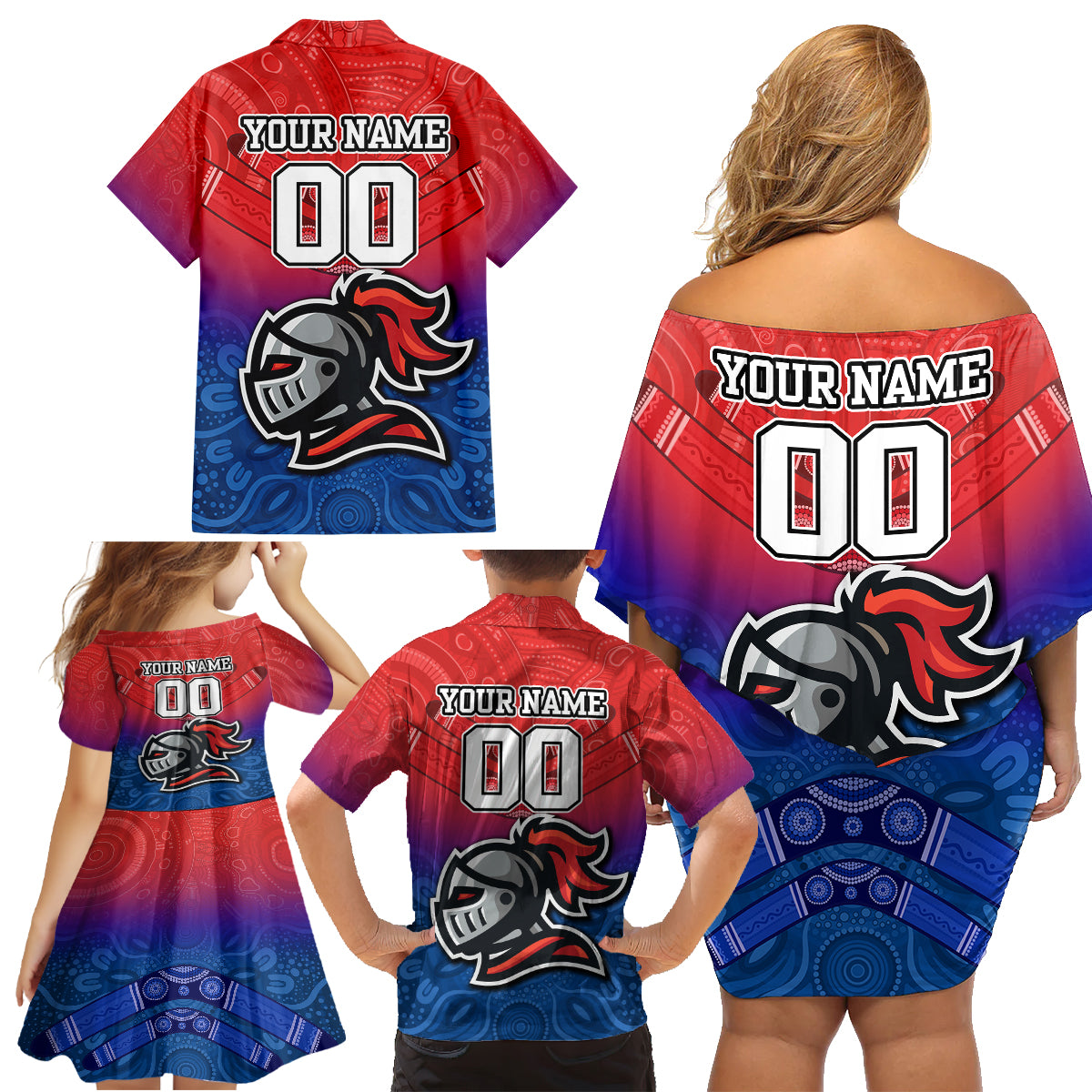 custom-knights-permier-2023-family-matching-off-shoulder-short-dress-and-hawaiian-shirt-nrl-mascot-with-aboriginal