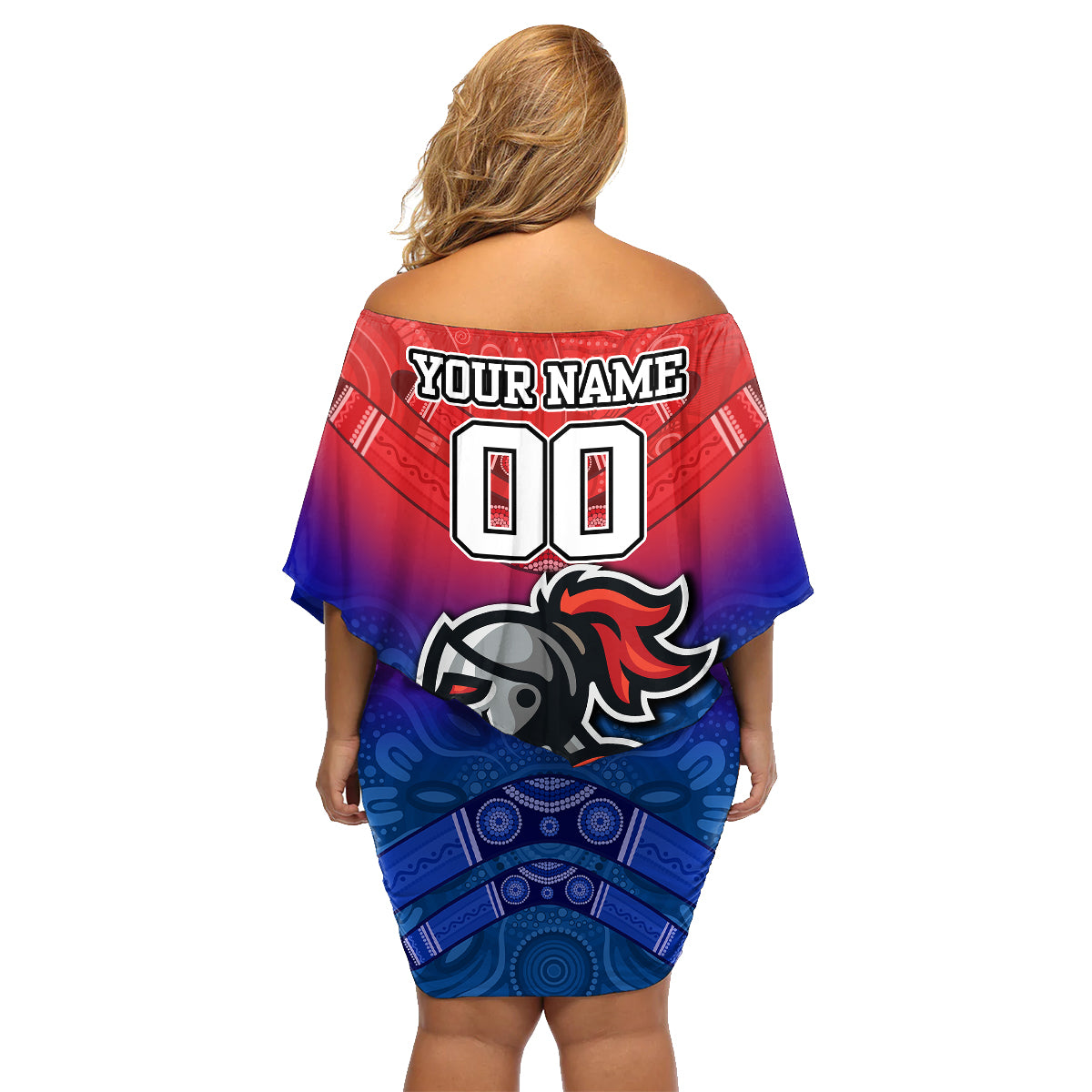 custom-knights-permier-2023-family-matching-off-shoulder-short-dress-and-hawaiian-shirt-nrl-mascot-with-aboriginal