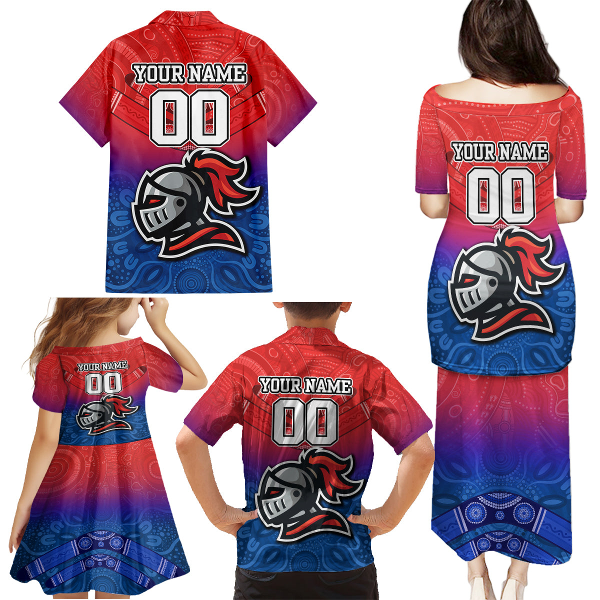 custom-knights-permier-2023-family-matching-puletasi-dress-and-hawaiian-shirt-nrl-mascot-with-aboriginal