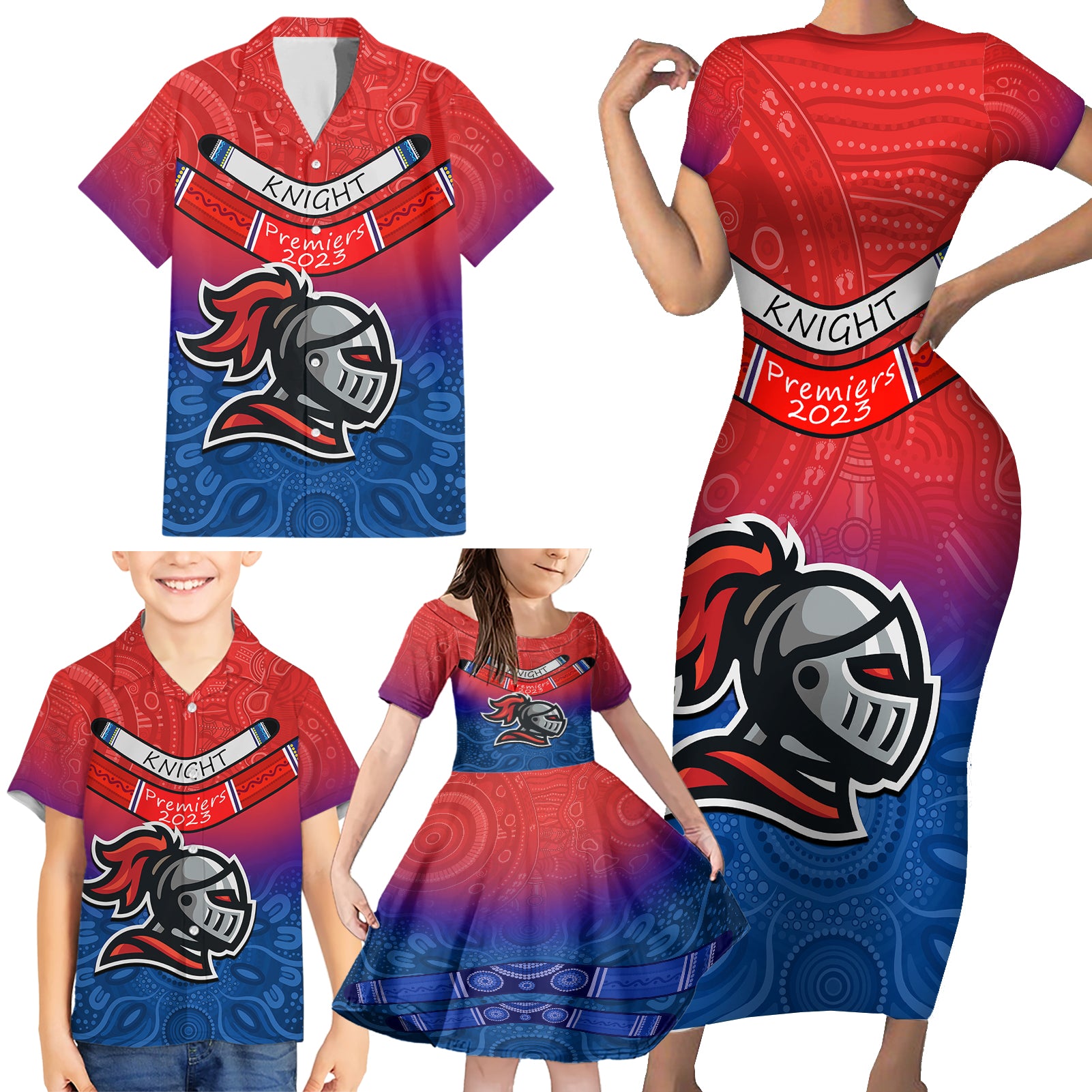 custom-knights-permier-2023-family-matching-short-sleeve-bodycon-dress-and-hawaiian-shirt-nrl-mascot-with-aboriginal