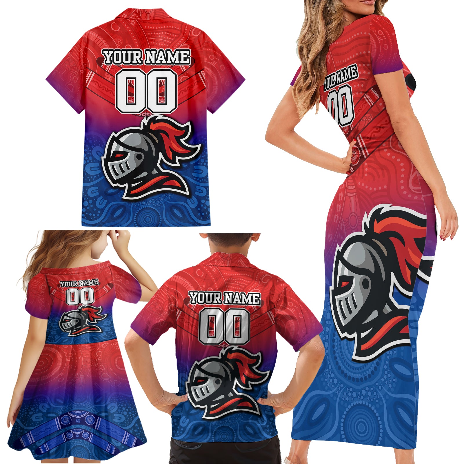 custom-knights-permier-2023-family-matching-short-sleeve-bodycon-dress-and-hawaiian-shirt-nrl-mascot-with-aboriginal