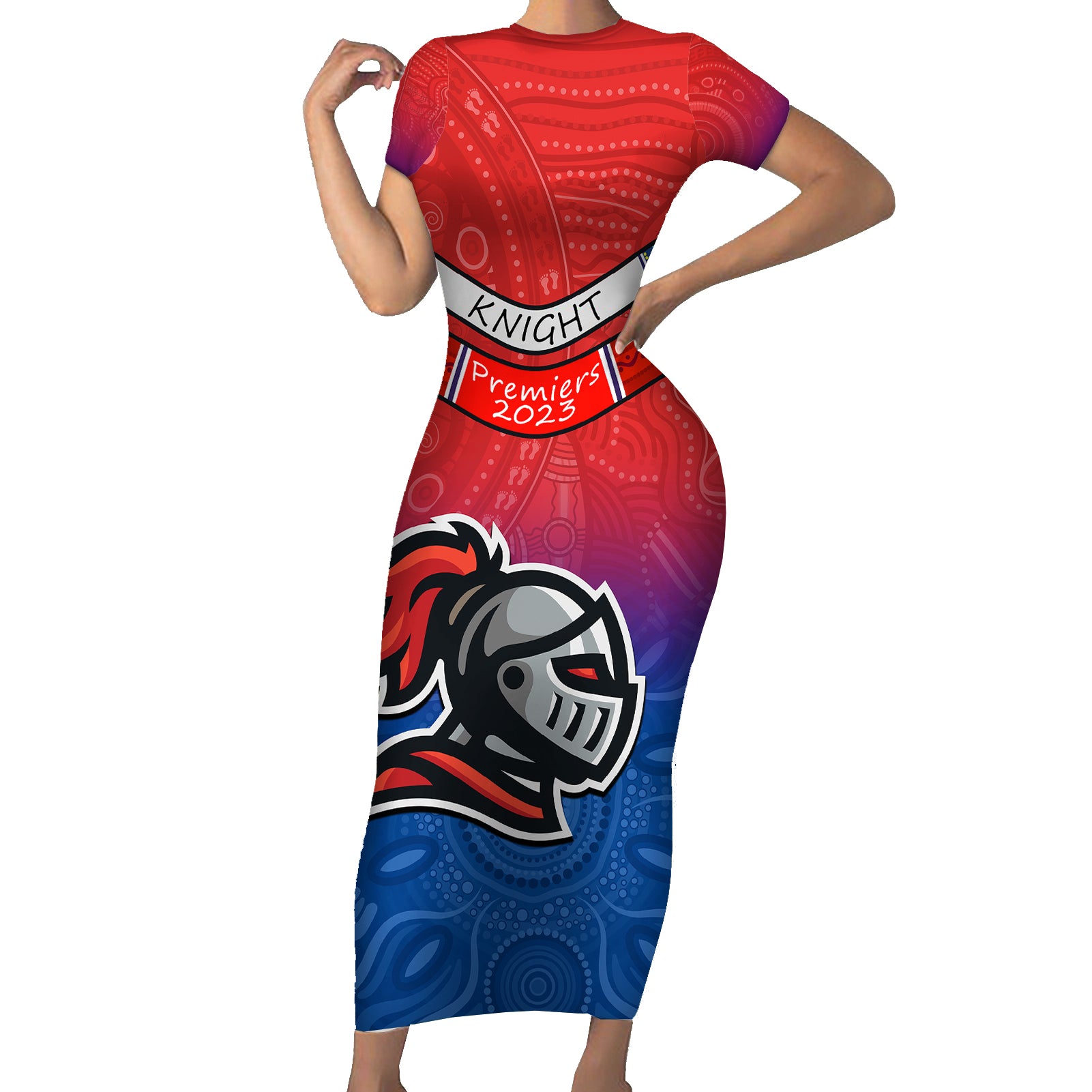 custom-knights-permier-2023-family-matching-short-sleeve-bodycon-dress-and-hawaiian-shirt-nrl-mascot-with-aboriginal