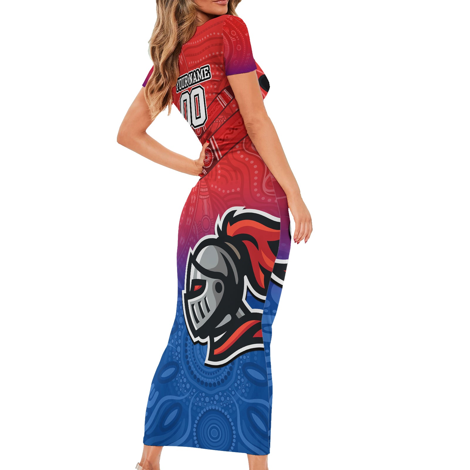 custom-knights-permier-2023-family-matching-short-sleeve-bodycon-dress-and-hawaiian-shirt-nrl-mascot-with-aboriginal