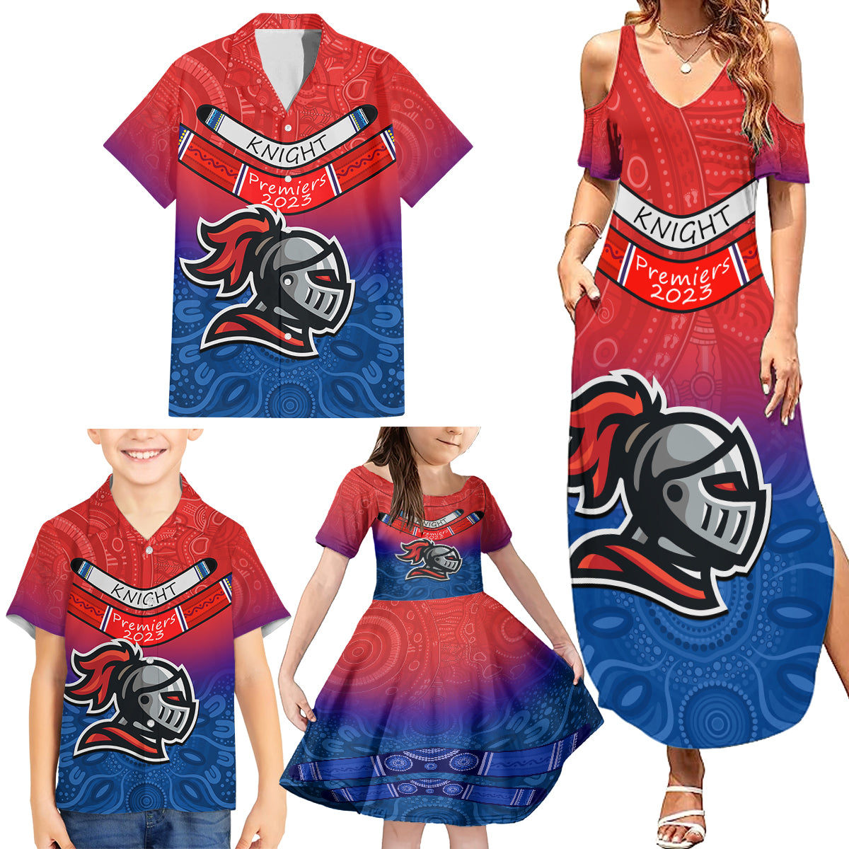 custom-knights-permier-2023-family-matching-summer-maxi-dress-and-hawaiian-shirt-nrl-mascot-with-aboriginal