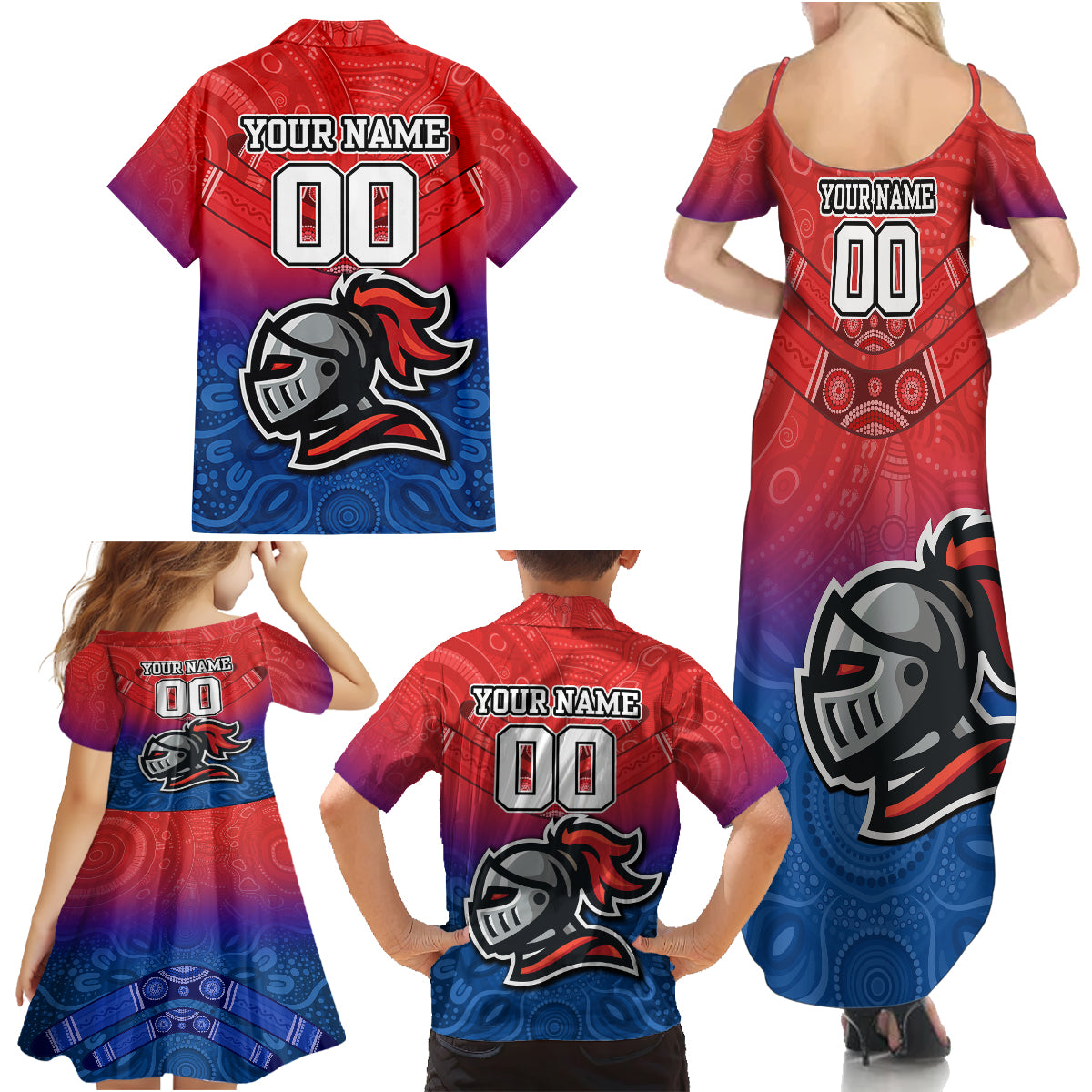 custom-knights-permier-2023-family-matching-summer-maxi-dress-and-hawaiian-shirt-nrl-mascot-with-aboriginal