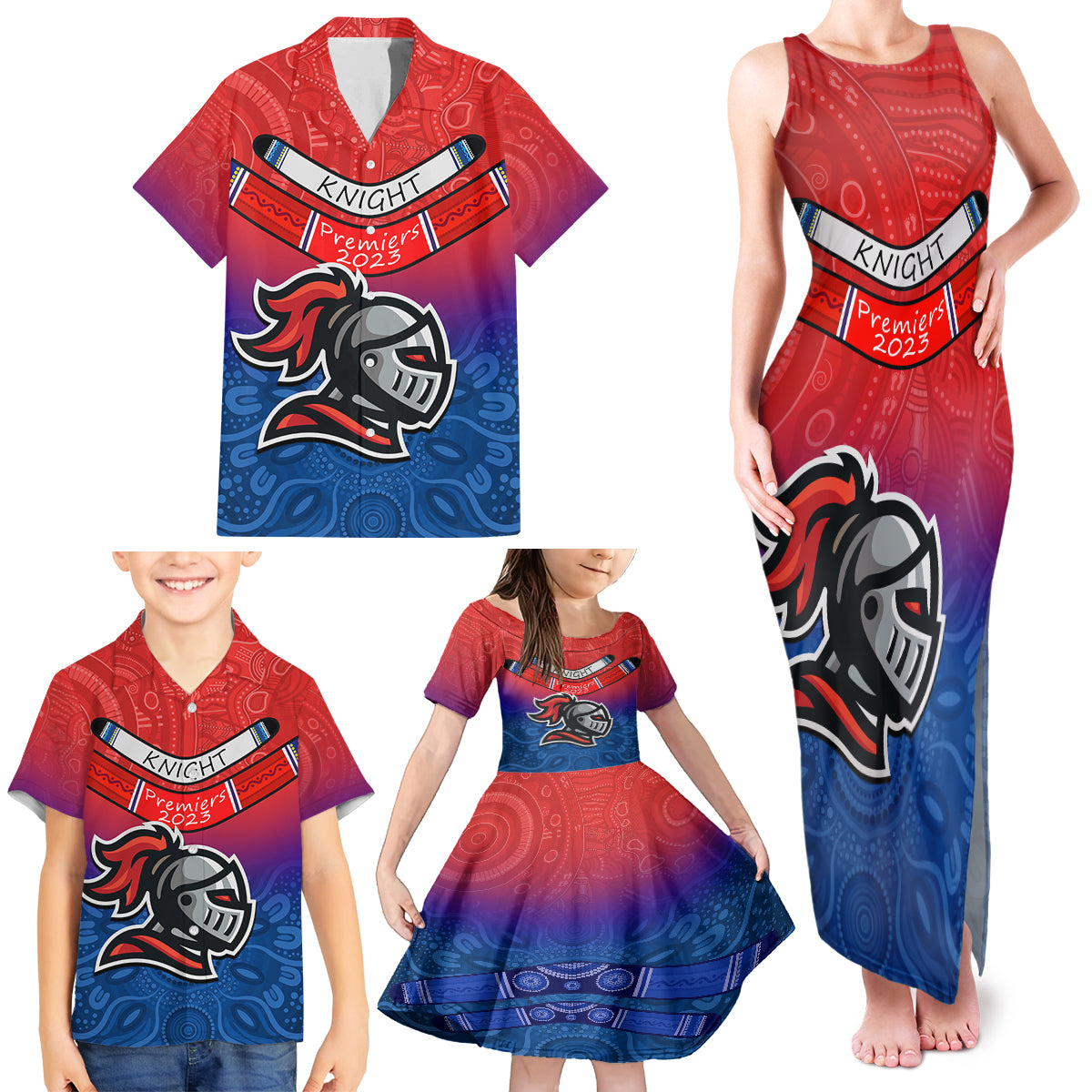 custom-knights-permier-2023-family-matching-tank-maxi-dress-and-hawaiian-shirt-nrl-mascot-with-aboriginal