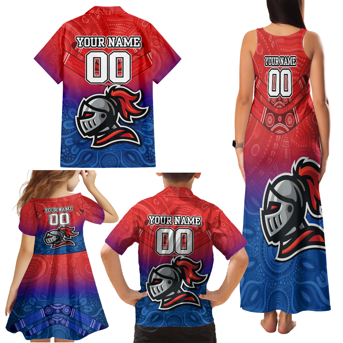 custom-knights-permier-2023-family-matching-tank-maxi-dress-and-hawaiian-shirt-nrl-mascot-with-aboriginal
