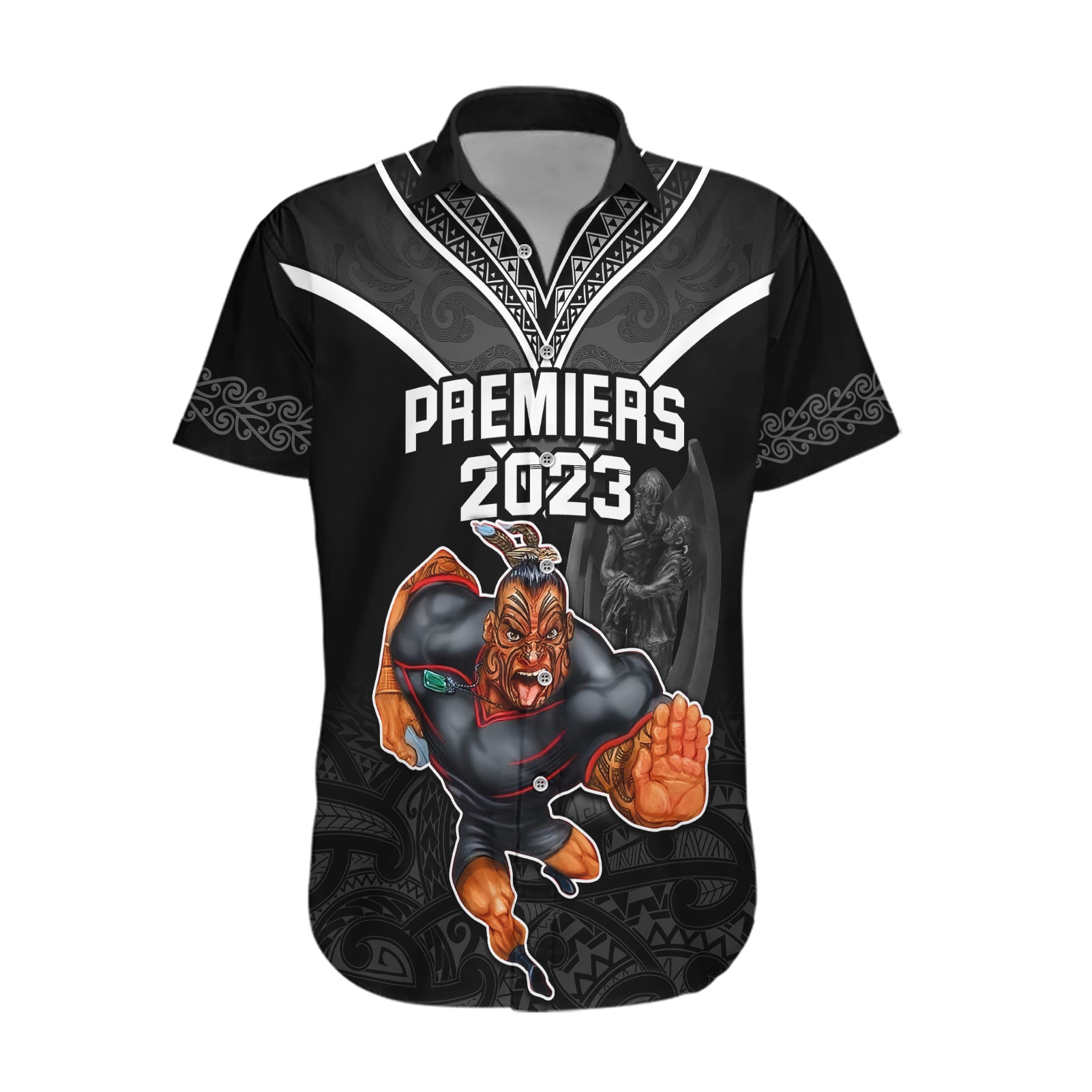 Warriors Permier 2023 Hawaiian Shirt The Wahs Mascot with Maori Tattoo - Vibe Hoodie Shop