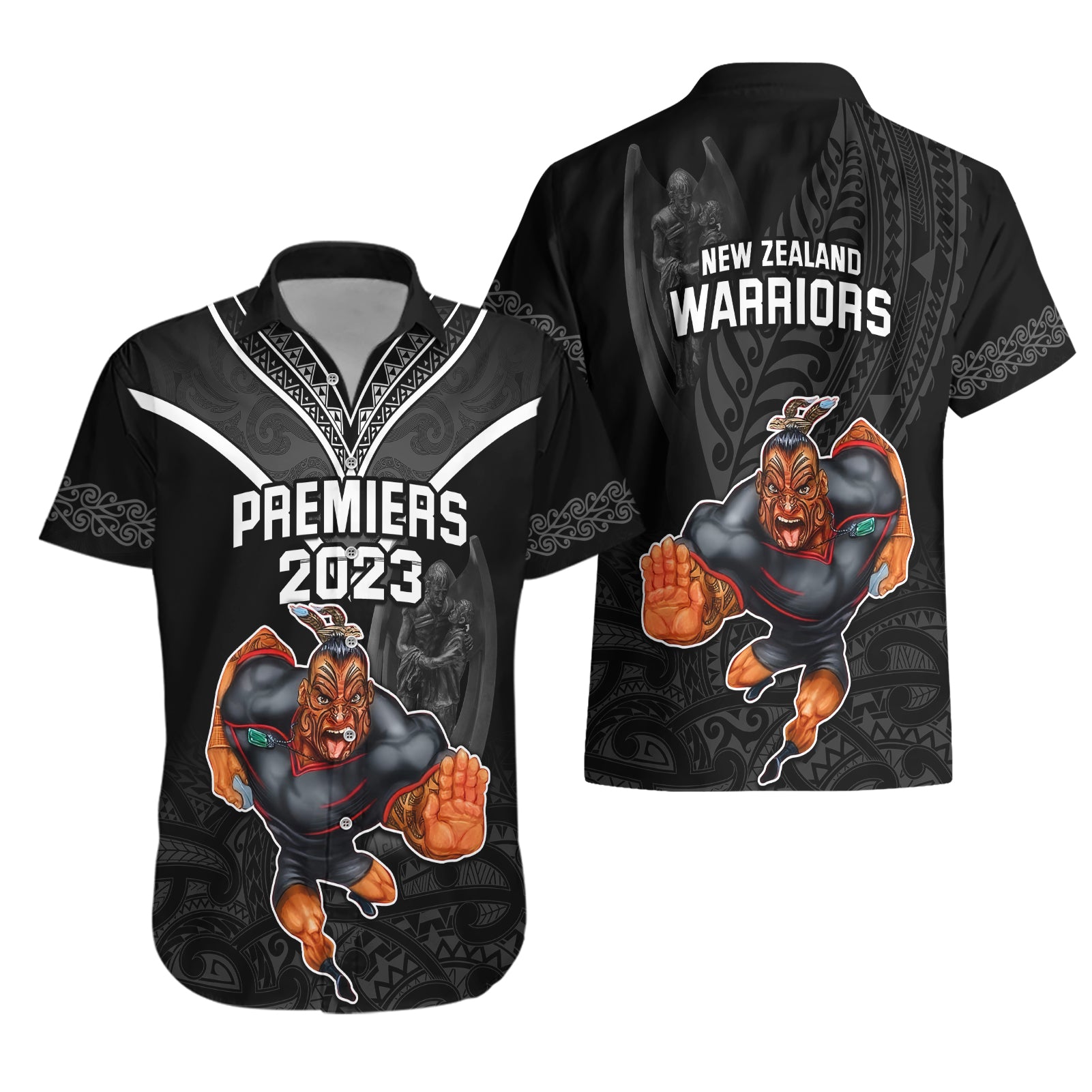 Warriors Permier 2023 Hawaiian Shirt The Wahs Mascot with Maori Tattoo - Vibe Hoodie Shop