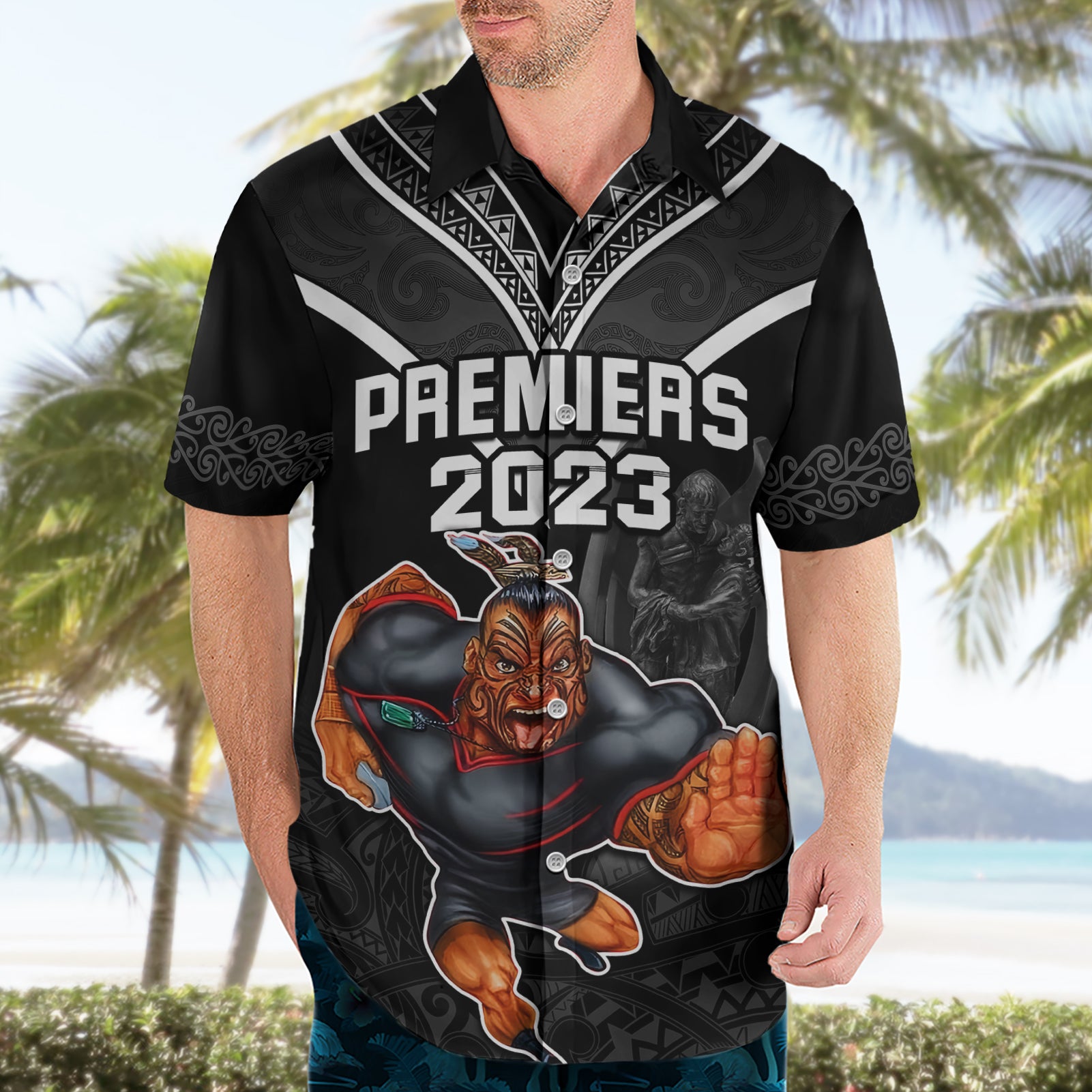 Warriors Permier 2023 Hawaiian Shirt The Wahs Mascot with Maori Tattoo - Vibe Hoodie Shop