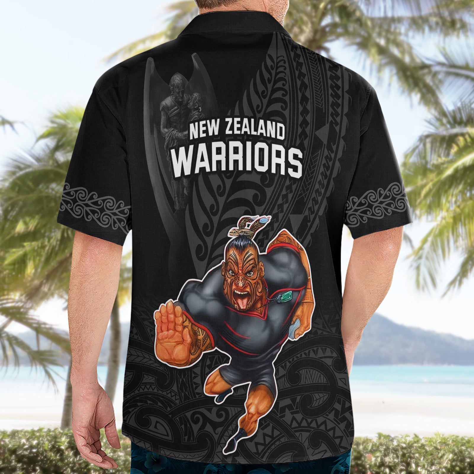 Warriors Permier 2023 Hawaiian Shirt The Wahs Mascot with Maori Tattoo - Vibe Hoodie Shop