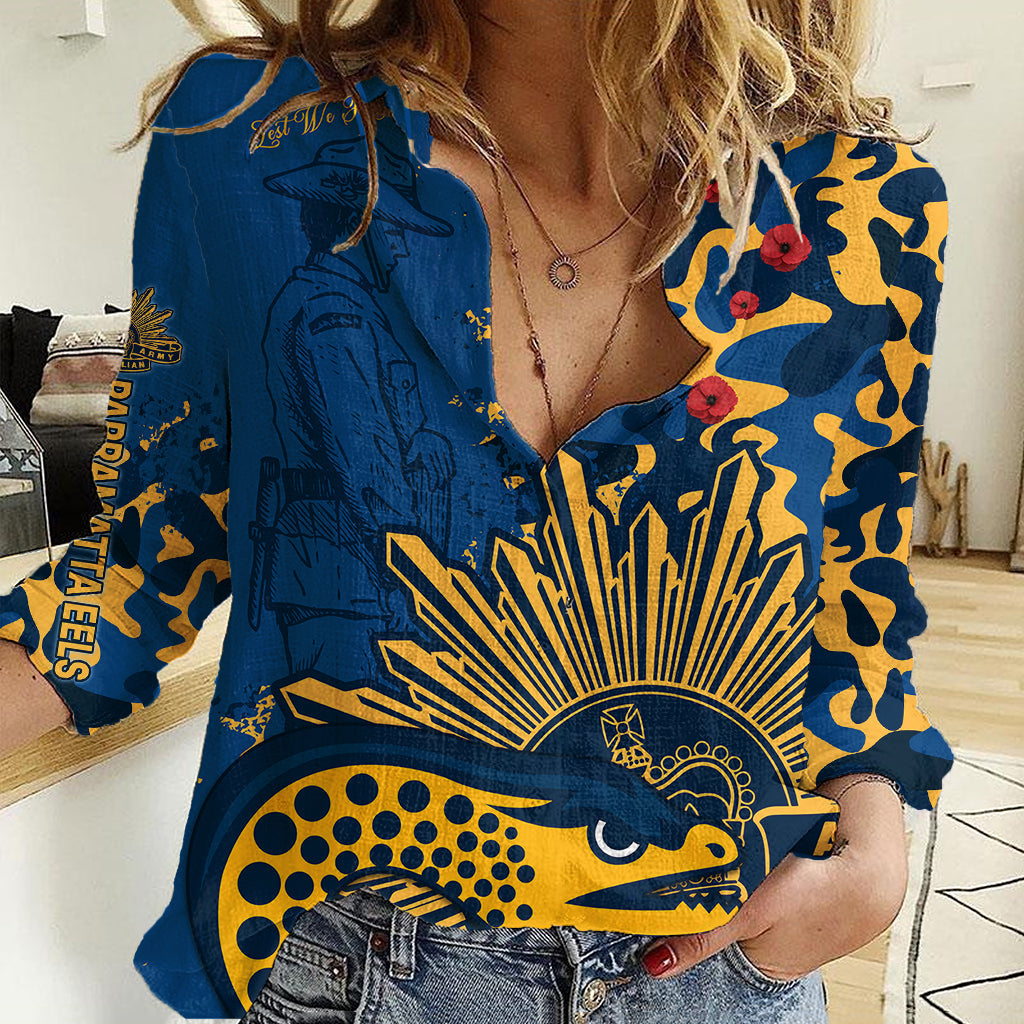 (Custom Text And Number) NRL ANZAC 2023 Parramatta Eels Women Casual Shirt Camouflage - Vibe Hoodie Shop