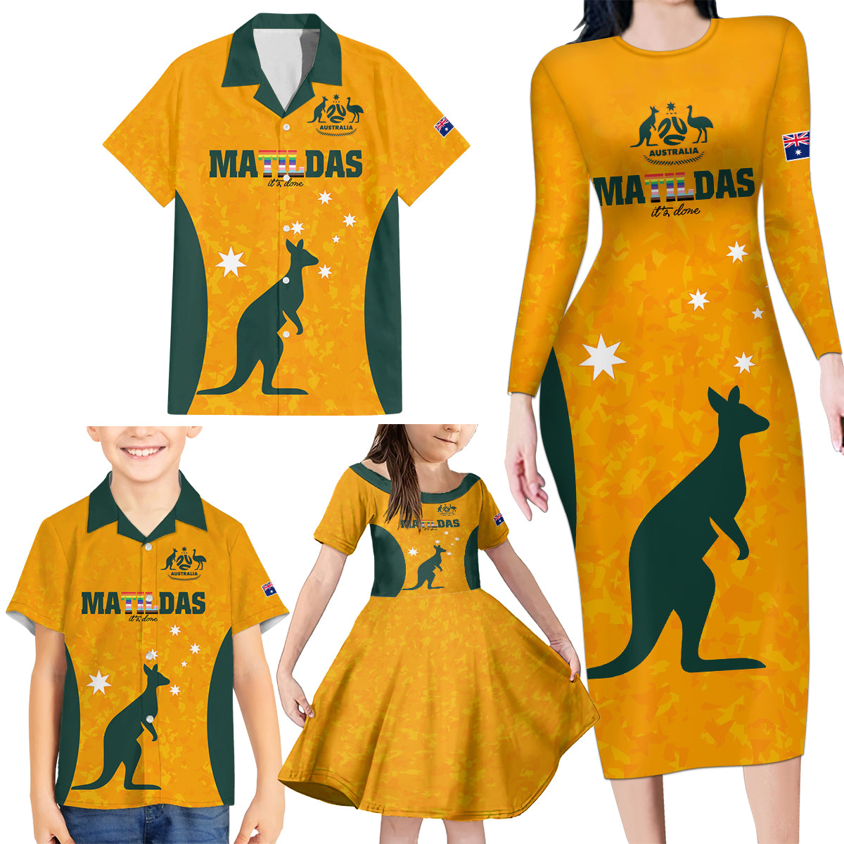 custom-australia-matildas-pride-with-kangaroo-family-matching-long-sleeve-bodycon-dress-and-hawaiian-shirt