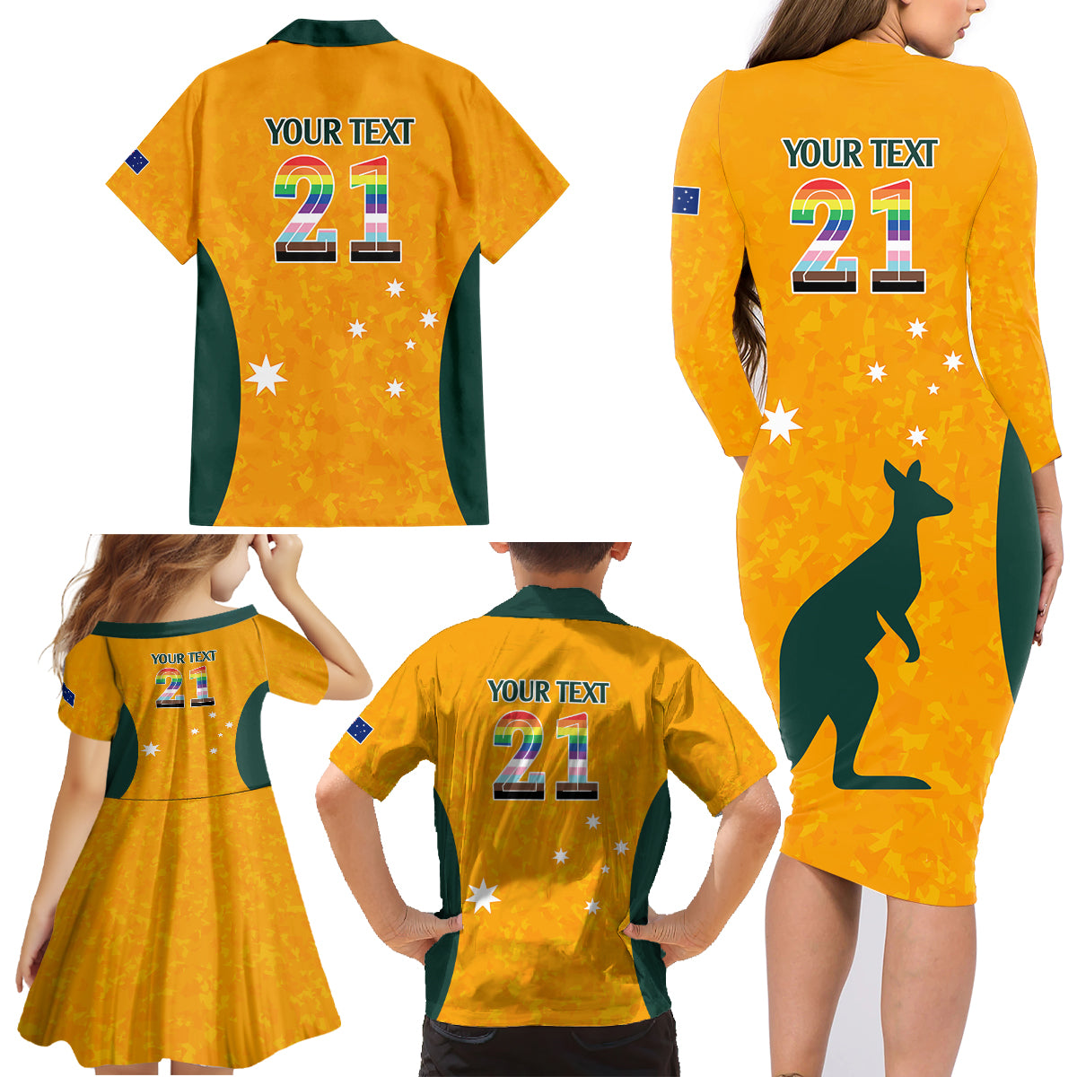 custom-australia-matildas-pride-with-kangaroo-family-matching-long-sleeve-bodycon-dress-and-hawaiian-shirt