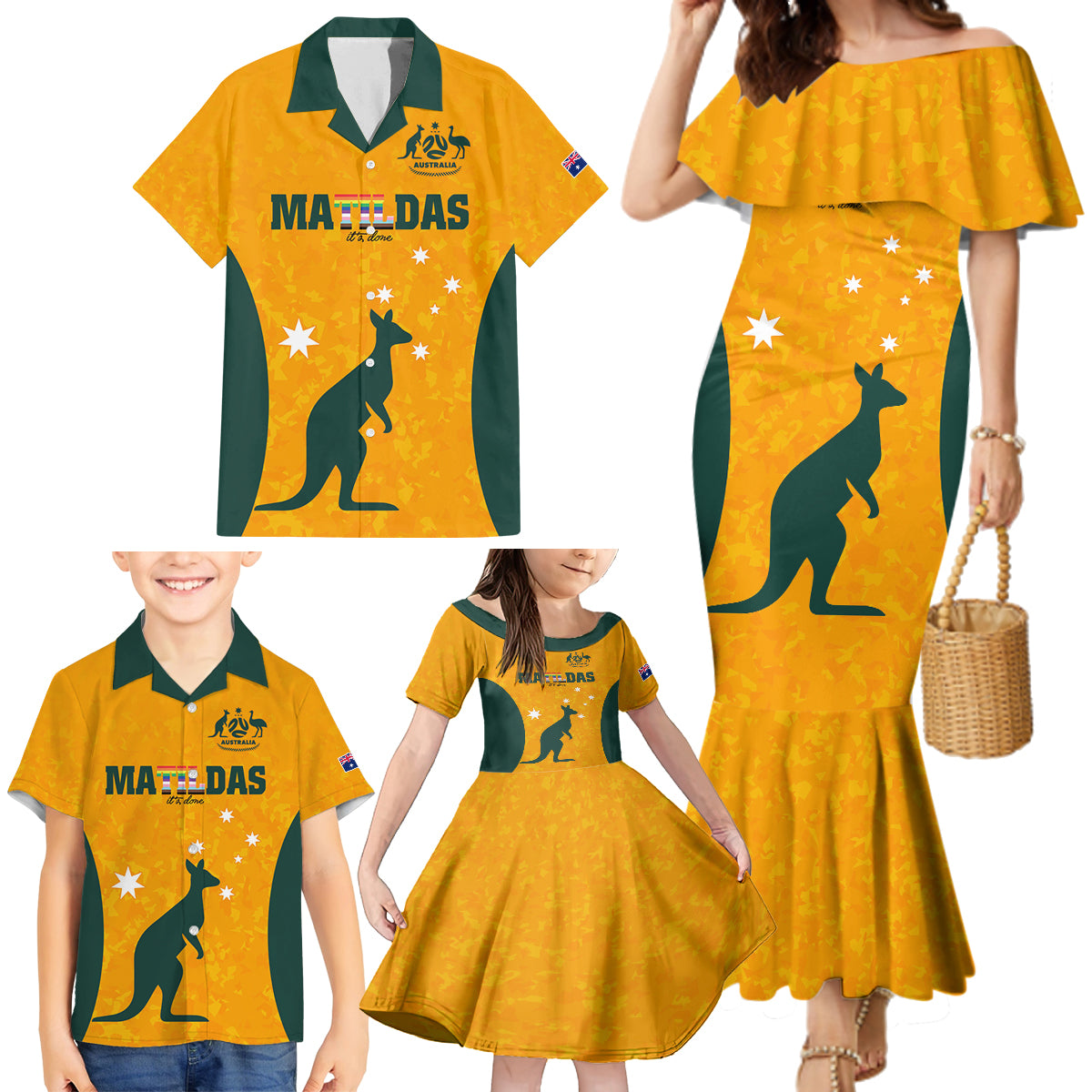 custom-australia-matildas-pride-with-kangaroo-family-matching-mermaid-dress-and-hawaiian-shirt