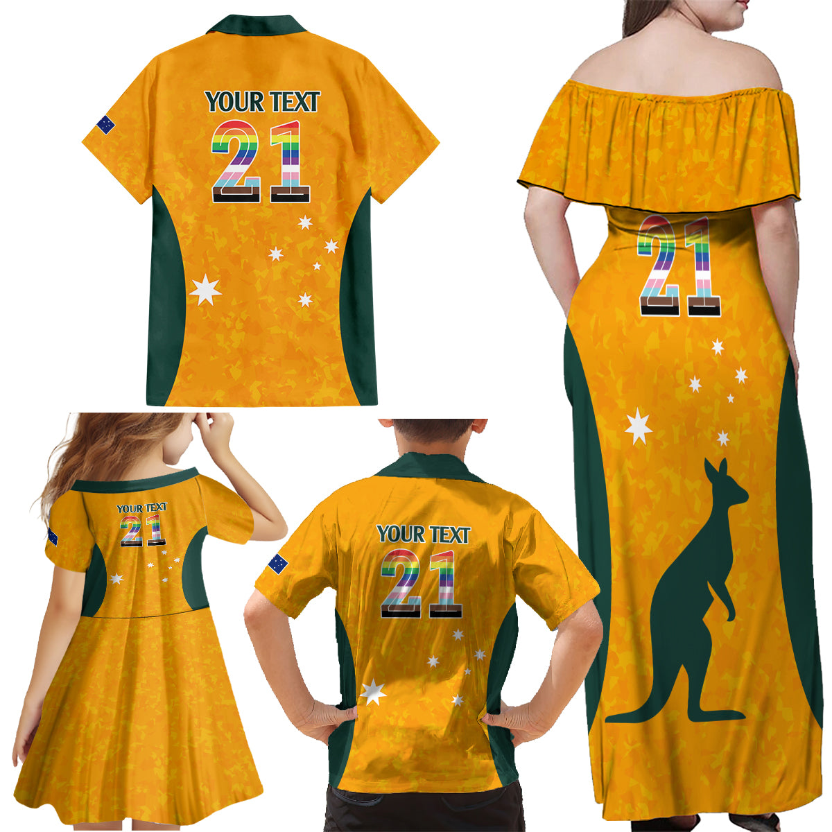 custom-australia-matildas-pride-with-kangaroo-family-matching-off-shoulder-maxi-dress-and-hawaiian-shirt