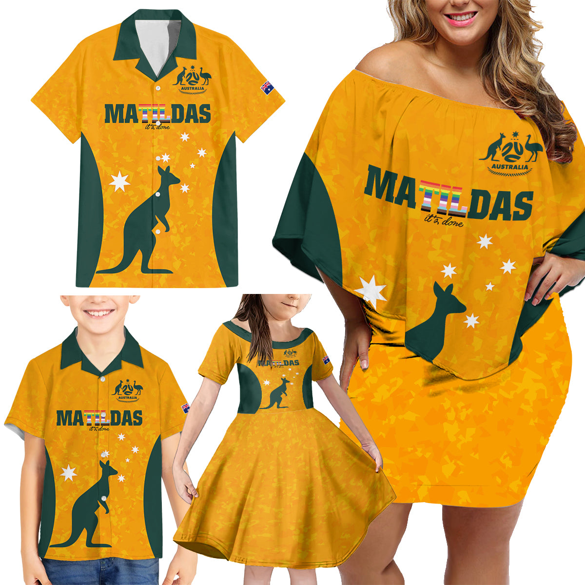 custom-australia-matildas-pride-with-kangaroo-family-matching-off-shoulder-short-dress-and-hawaiian-shirt