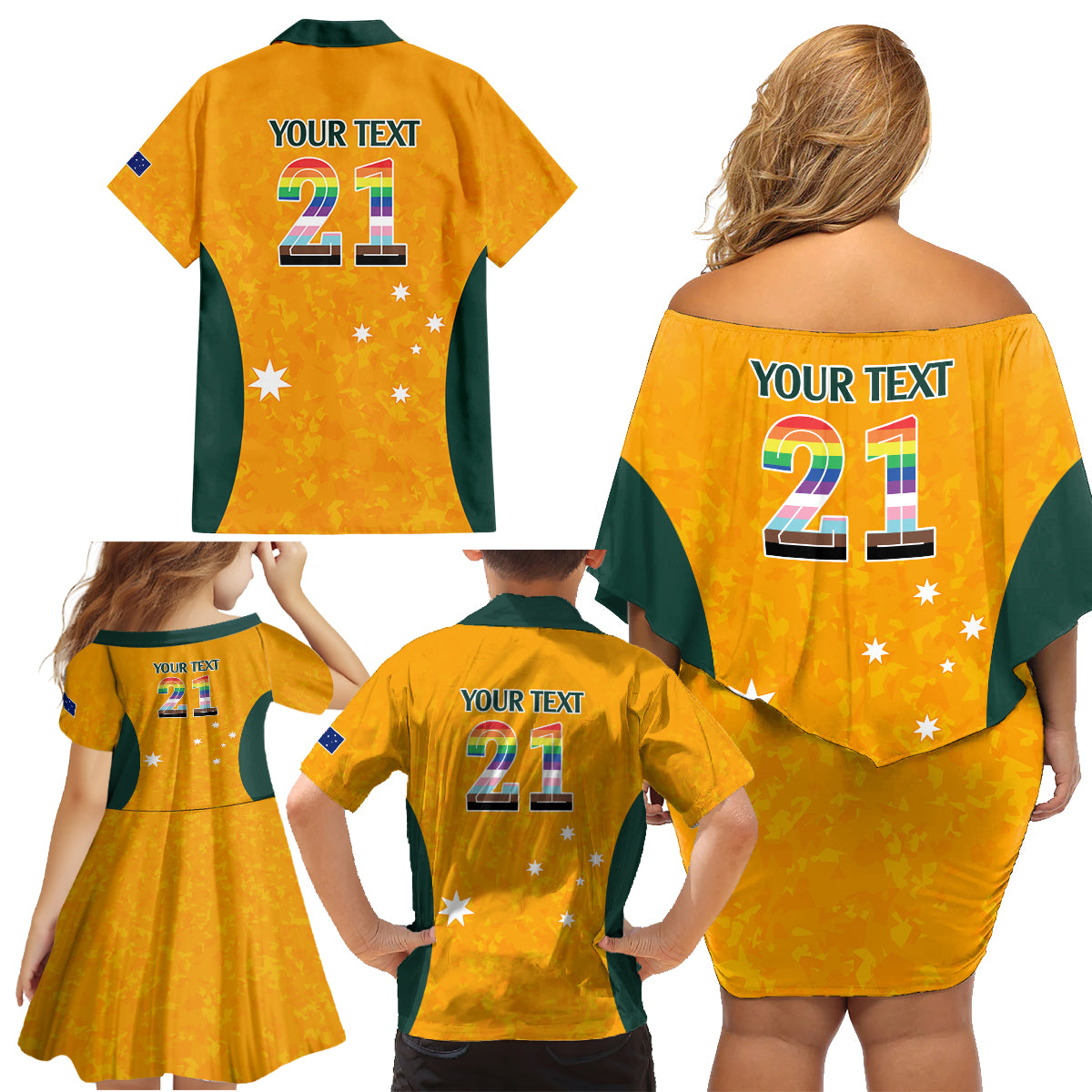 custom-australia-matildas-pride-with-kangaroo-family-matching-off-shoulder-short-dress-and-hawaiian-shirt