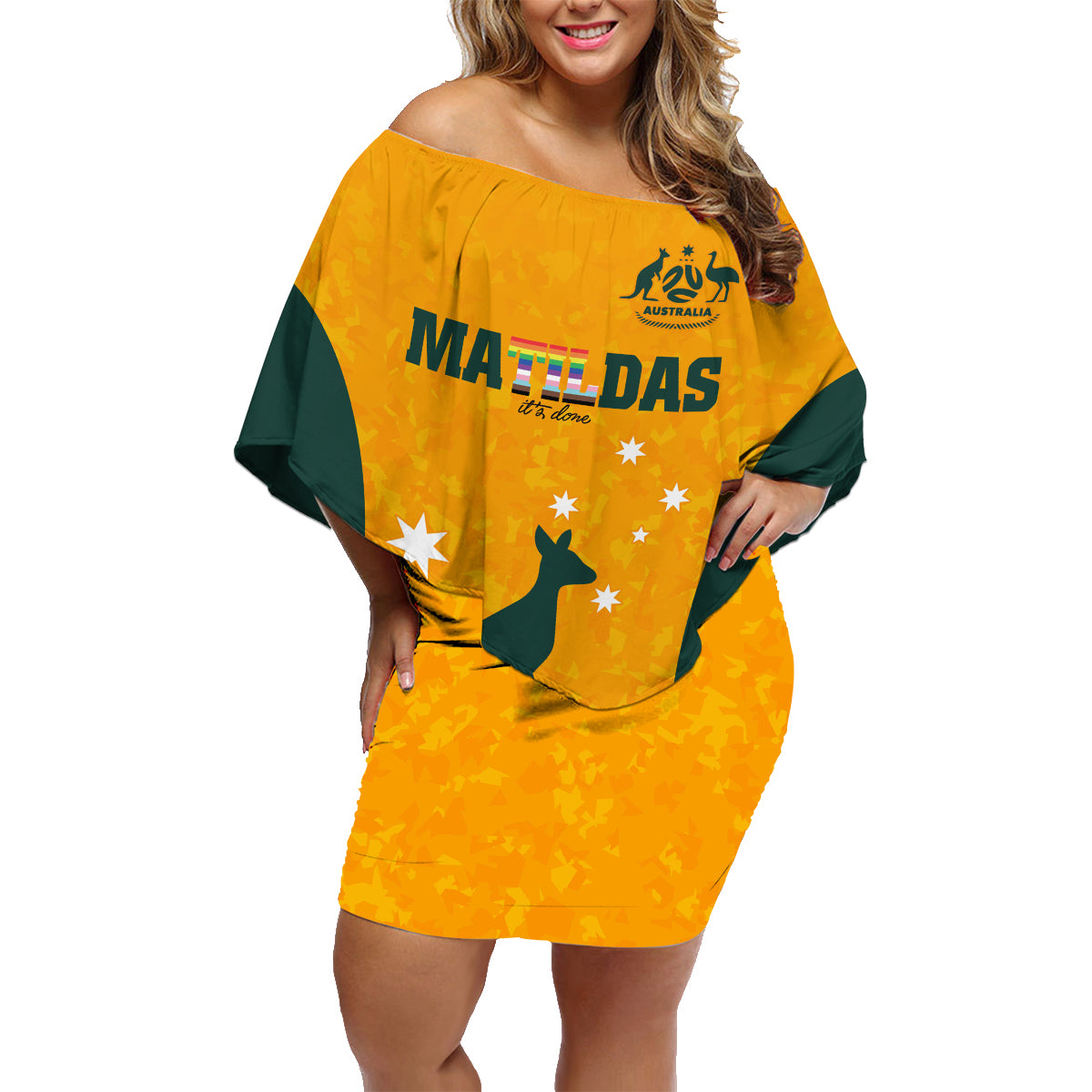 custom-australia-matildas-pride-with-kangaroo-family-matching-off-shoulder-short-dress-and-hawaiian-shirt