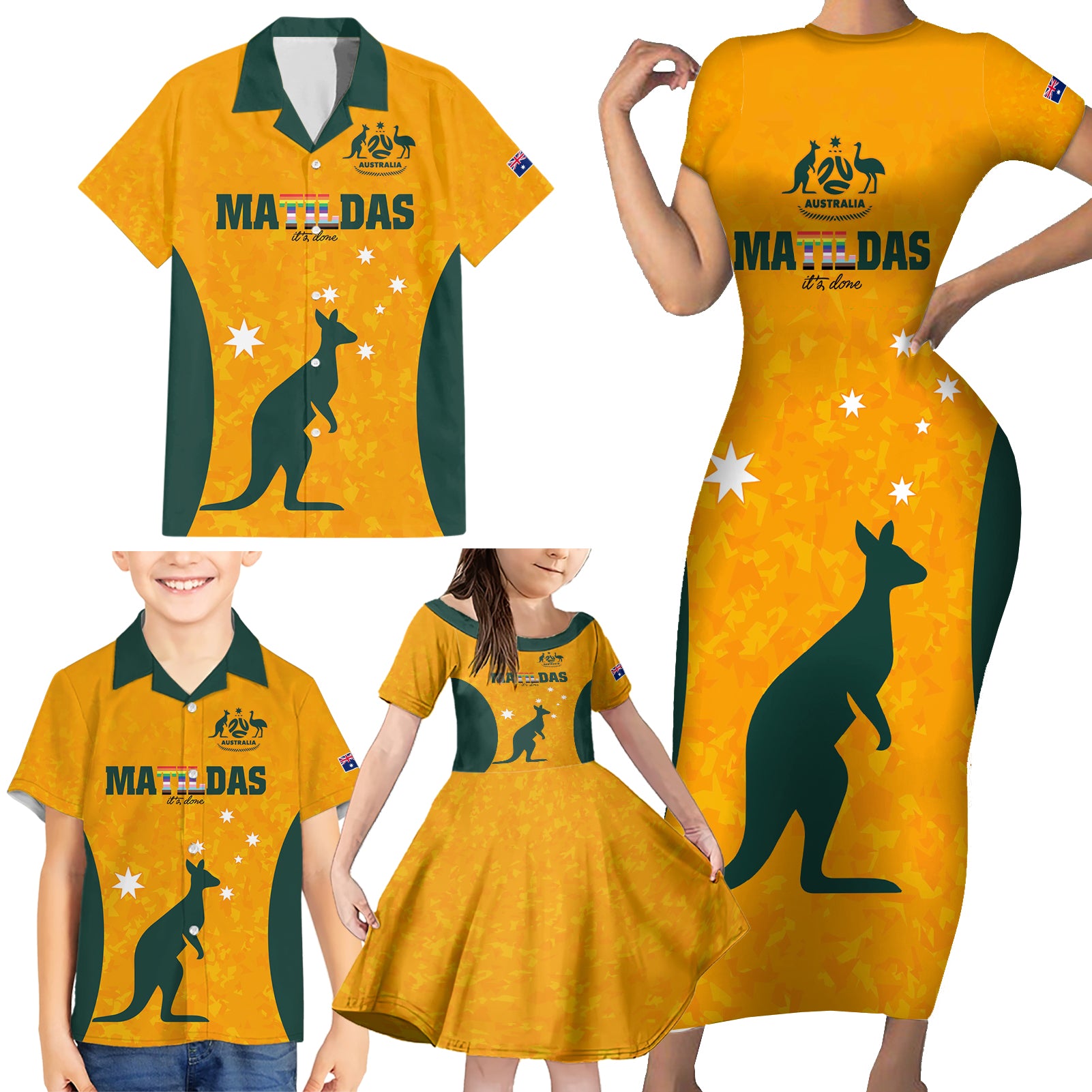 custom-australia-matildas-pride-with-kangaroo-family-matching-short-sleeve-bodycon-dress-and-hawaiian-shirt