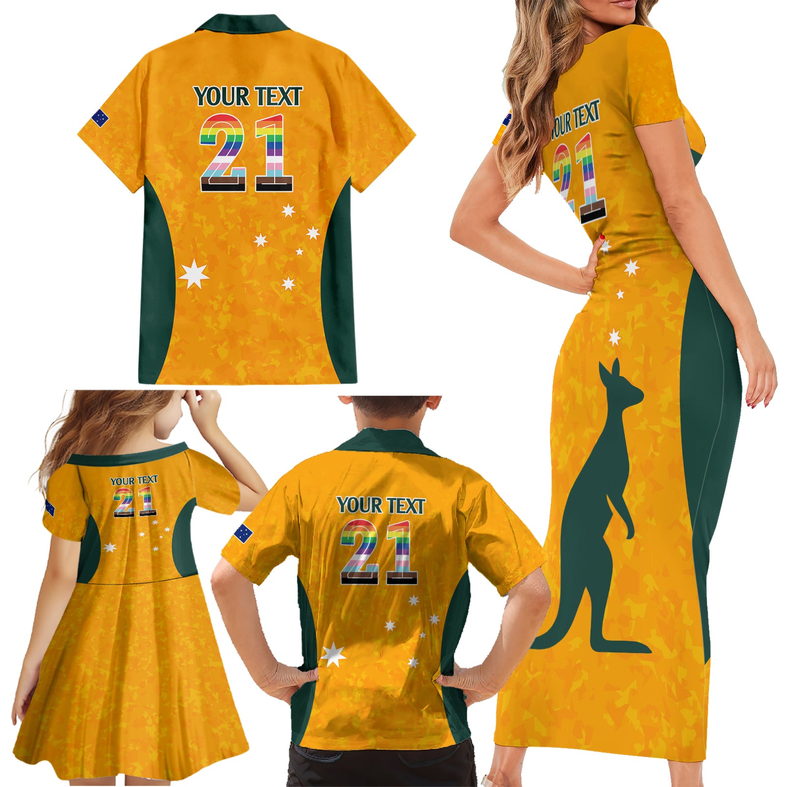 custom-australia-matildas-pride-with-kangaroo-family-matching-short-sleeve-bodycon-dress-and-hawaiian-shirt