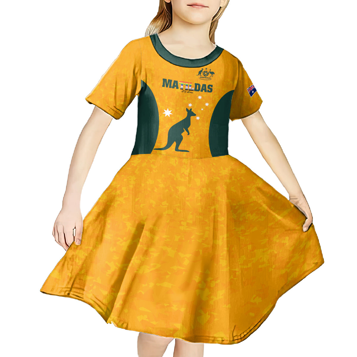 Custom Australia Matildas Pride With Kangaroo Kid Short Sleeve Dress - Vibe Hoodie Shop