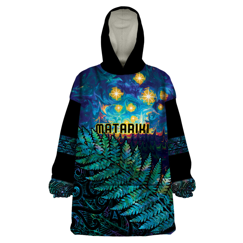 Matariki Te Tau Hou Maori Wearable Blanket Hoodie New Zealand Silver Fern Night Starry Sky - Vibe Hoodie Shop