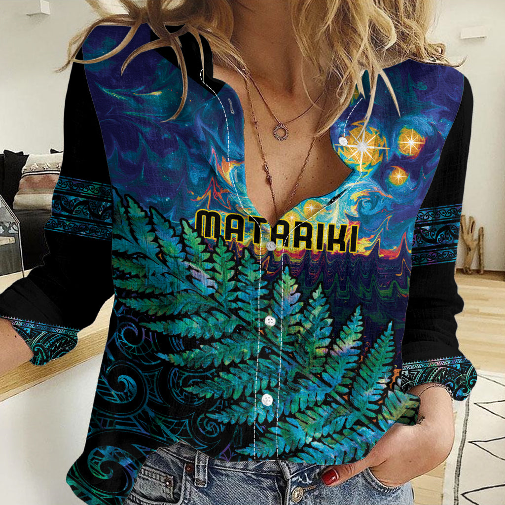 Matariki Te Tau Hou Maori Women Casual Shirt New Zealand Silver Fern Night Starry Sky - Vibe Hoodie Shop