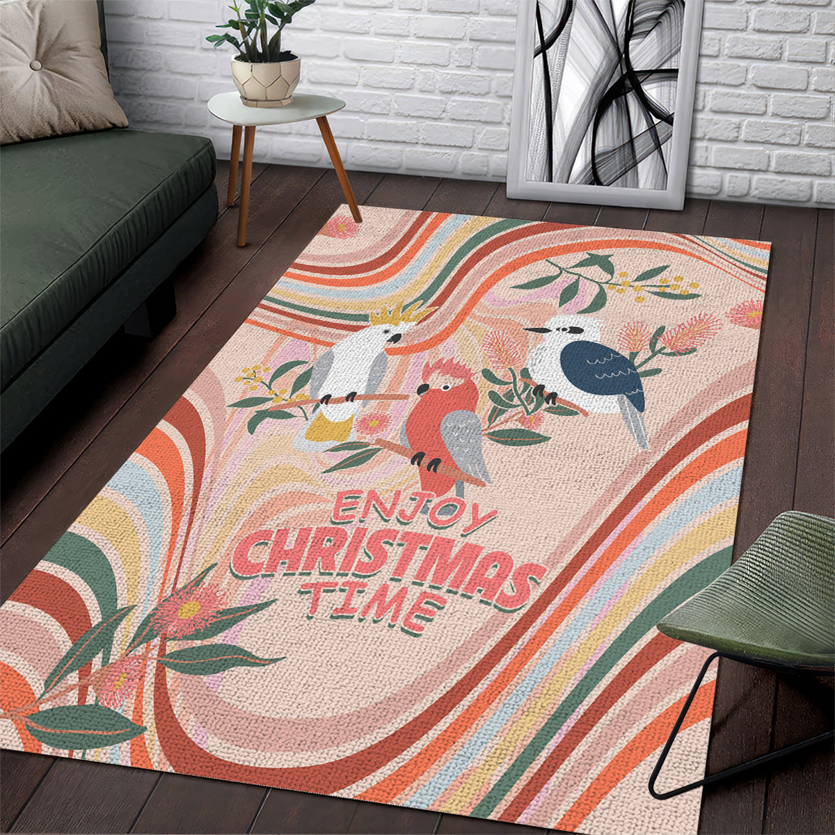 Australia Hippie Christmas Area Rug Cockatoo Kookaburra with Wattle Pink Peach Style - Vibe Hoodie Shop