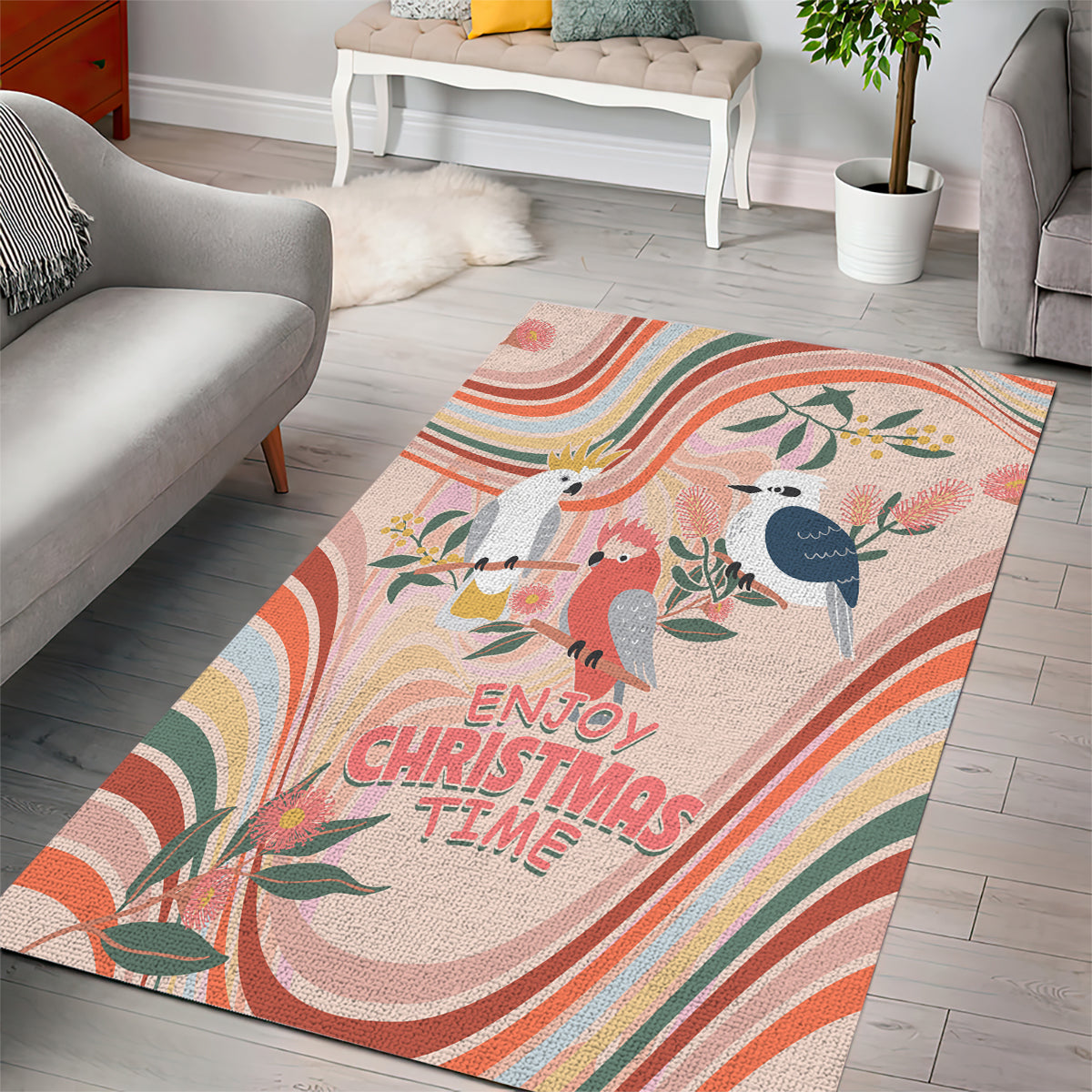 Australia Hippie Christmas Area Rug Cockatoo Kookaburra with Wattle Pink Peach Style - Vibe Hoodie Shop