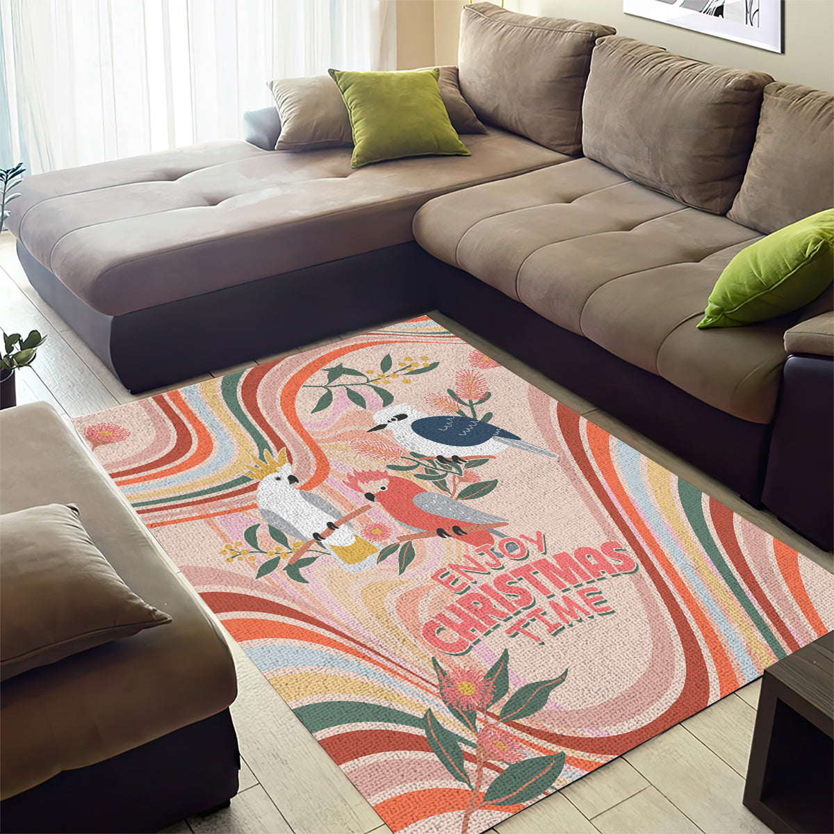 Australia Hippie Christmas Area Rug Cockatoo Kookaburra with Wattle Pink Peach Style - Vibe Hoodie Shop