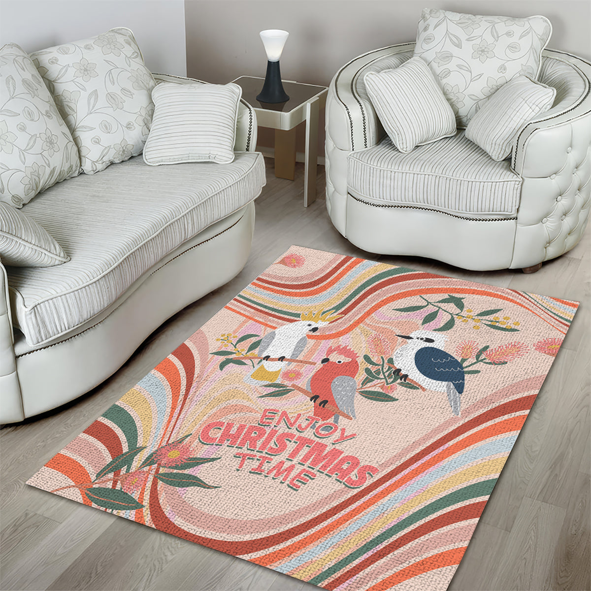 Australia Hippie Christmas Area Rug Cockatoo Kookaburra with Wattle Pink Peach Style - Vibe Hoodie Shop