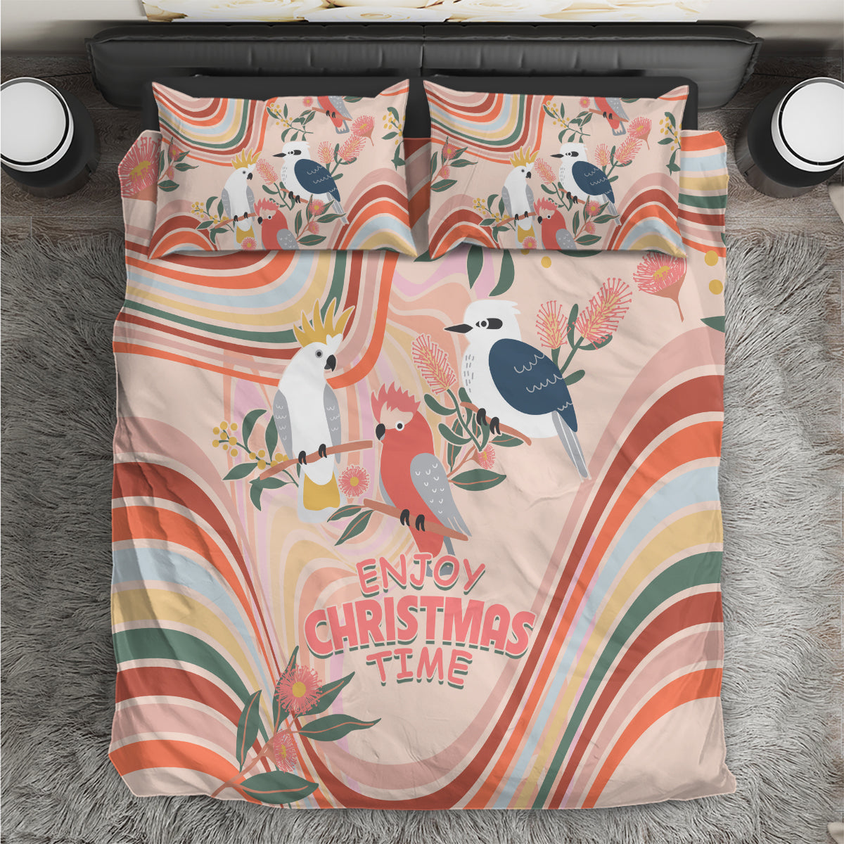 Australia Hippie Christmas Bedding Set Cockatoo Kookaburra with Wattle Pink Peach Style - Vibe Hoodie Shop