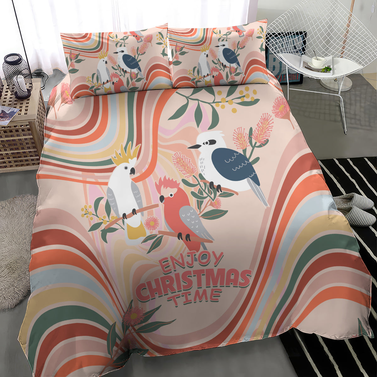 Australia Hippie Christmas Bedding Set Cockatoo Kookaburra with Wattle Pink Peach Style - Vibe Hoodie Shop