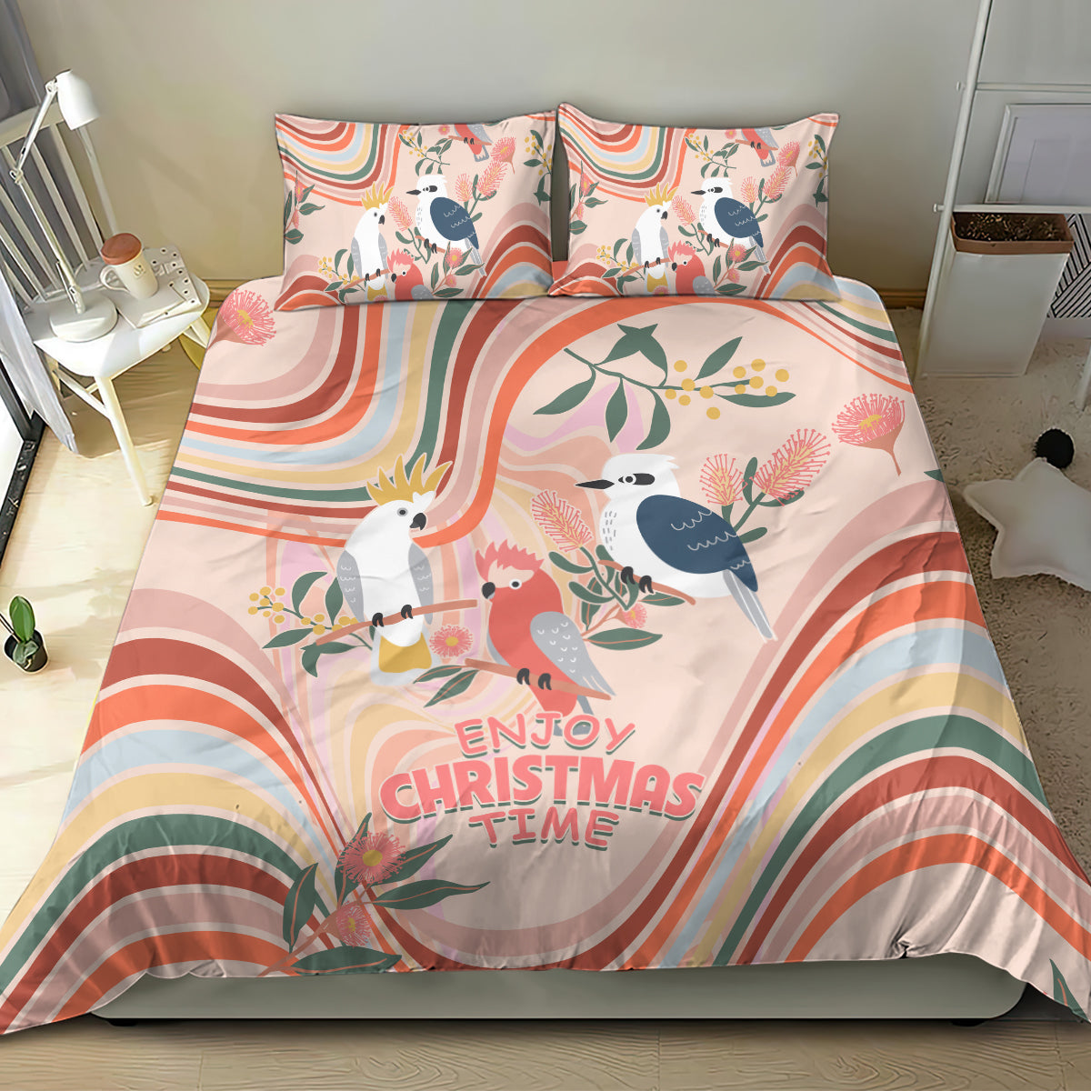 Australia Hippie Christmas Bedding Set Cockatoo Kookaburra with Wattle Pink Peach Style - Vibe Hoodie Shop