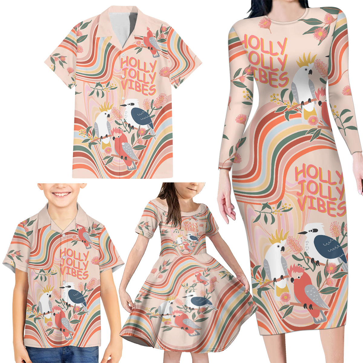 australia-hippie-christmas-family-matching-long-sleeve-bodycon-dress-and-hawaiian-shirt-cockatoo-kookaburra-with-wattle-pink-peach-style