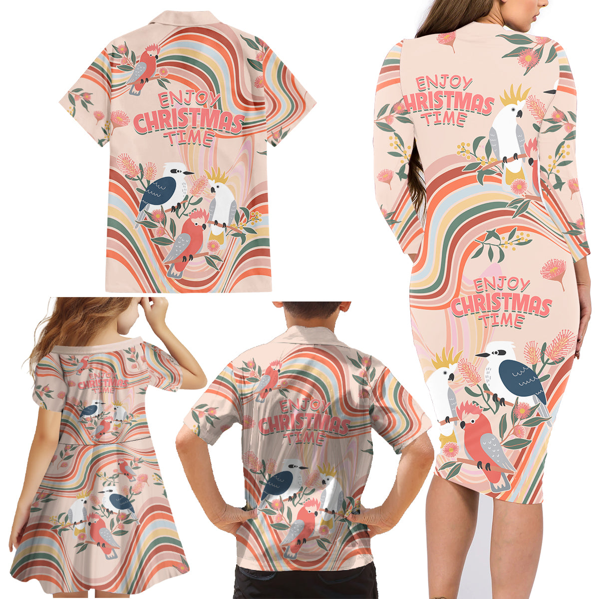 australia-hippie-christmas-family-matching-long-sleeve-bodycon-dress-and-hawaiian-shirt-cockatoo-kookaburra-with-wattle-pink-peach-style