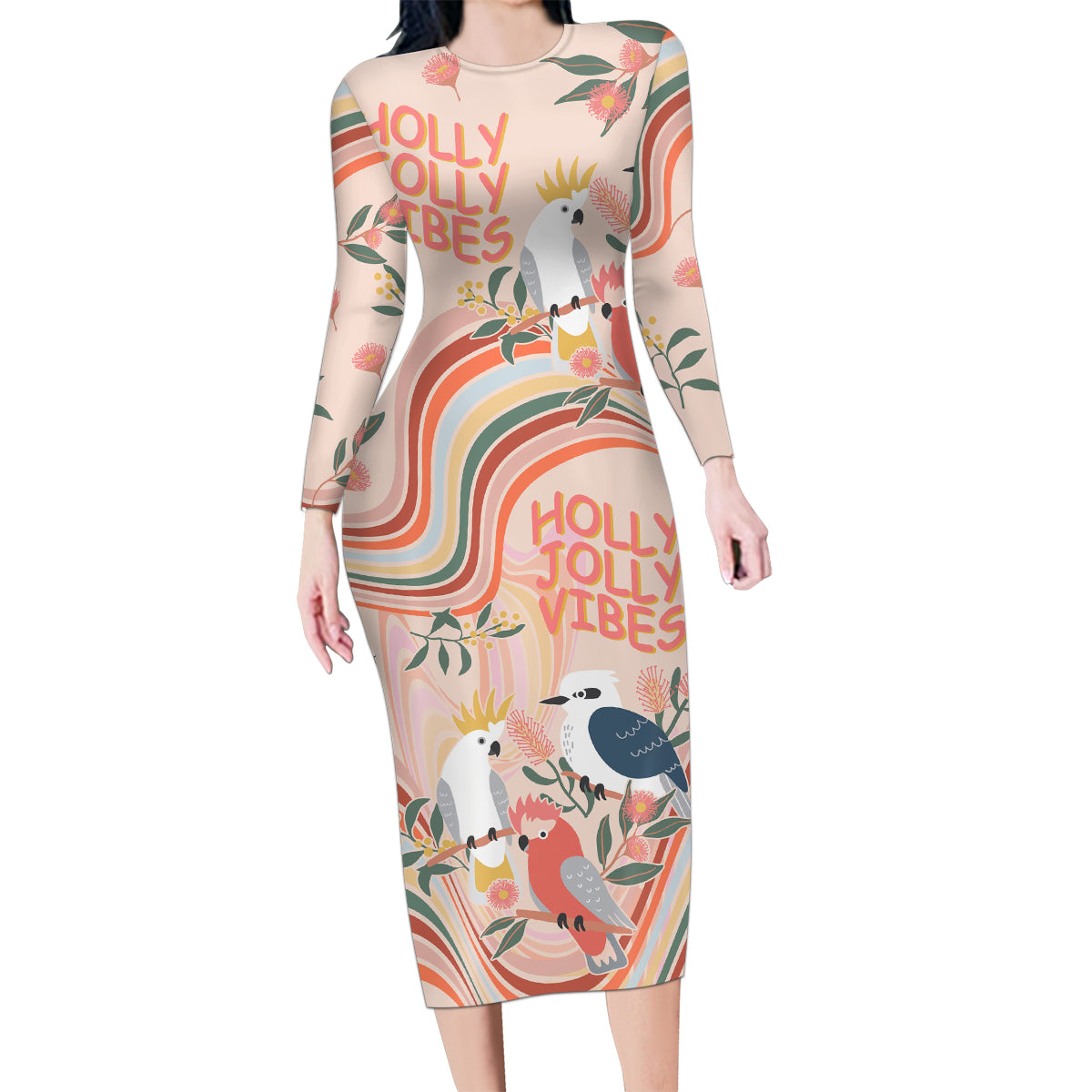 australia-hippie-christmas-family-matching-long-sleeve-bodycon-dress-and-hawaiian-shirt-cockatoo-kookaburra-with-wattle-pink-peach-style