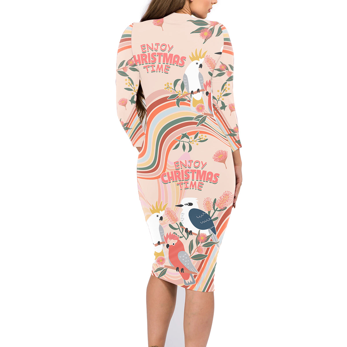 australia-hippie-christmas-family-matching-long-sleeve-bodycon-dress-and-hawaiian-shirt-cockatoo-kookaburra-with-wattle-pink-peach-style