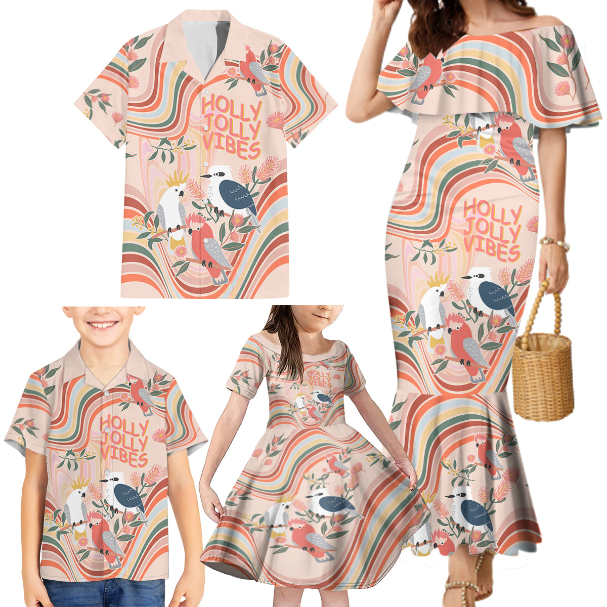 australia-hippie-christmas-family-matching-mermaid-dress-and-hawaiian-shirt-cockatoo-kookaburra-with-wattle-pink-peach-style