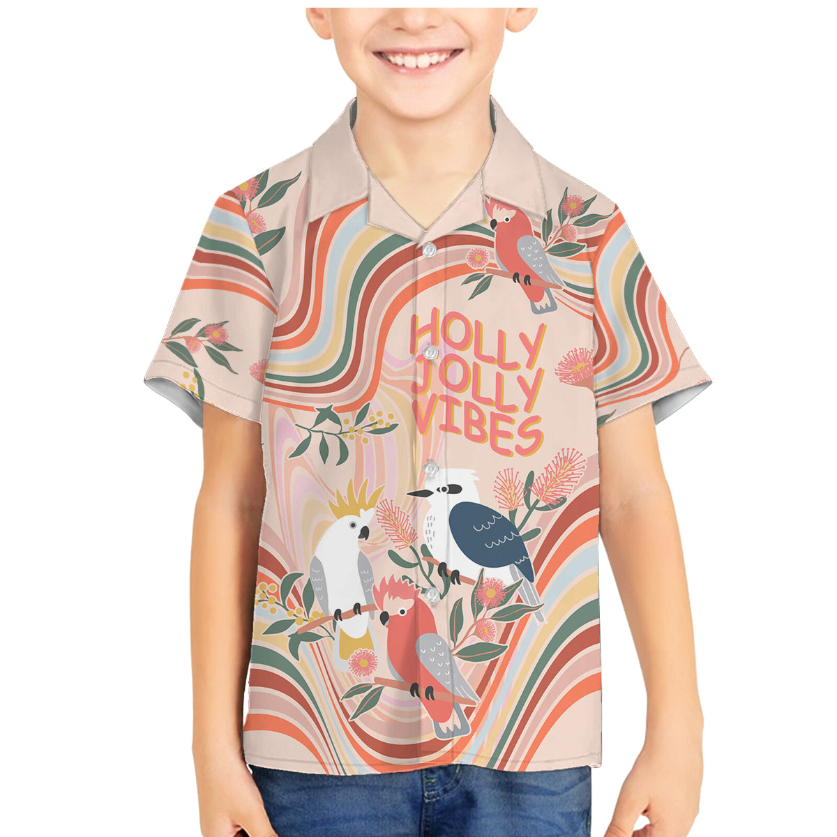 australia-hippie-christmas-family-matching-mermaid-dress-and-hawaiian-shirt-cockatoo-kookaburra-with-wattle-pink-peach-style