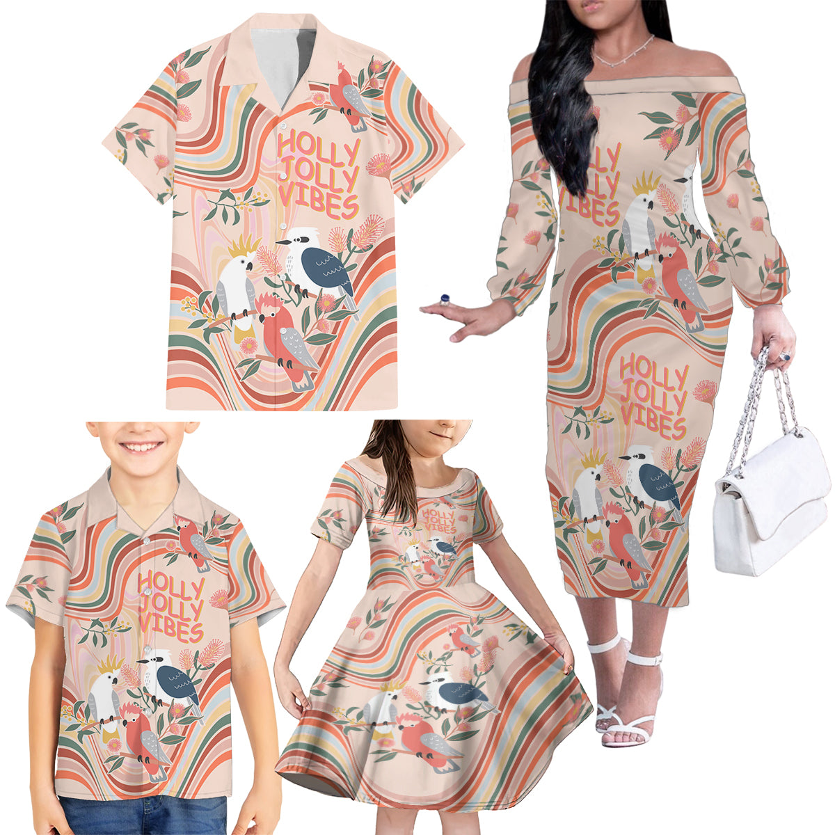 australia-hippie-christmas-family-matching-off-shoulder-long-sleeve-dress-and-hawaiian-shirt-cockatoo-kookaburra-with-wattle-pink-peach-style