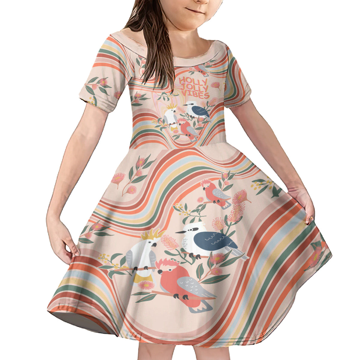 australia-hippie-christmas-family-matching-off-shoulder-long-sleeve-dress-and-hawaiian-shirt-cockatoo-kookaburra-with-wattle-pink-peach-style