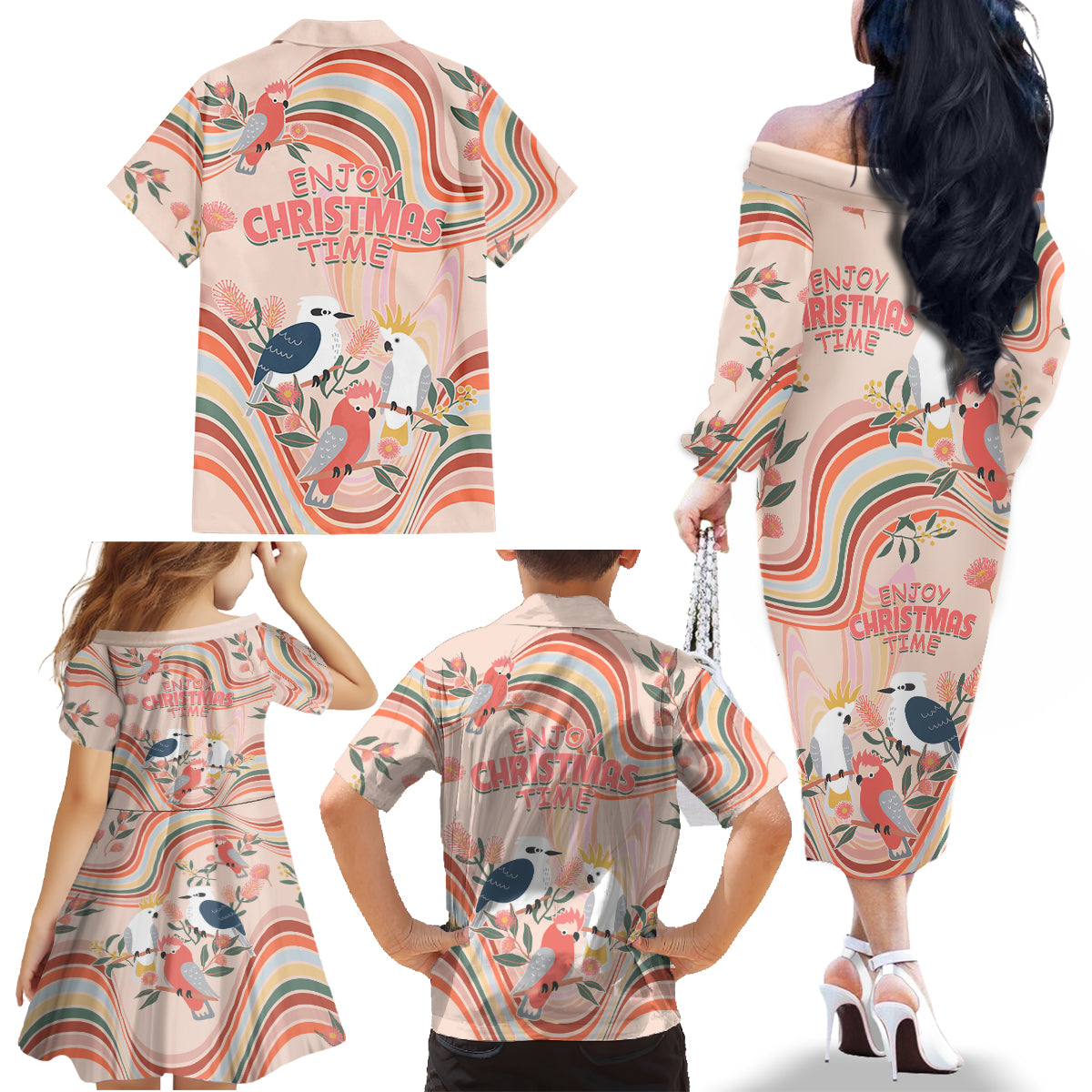 australia-hippie-christmas-family-matching-off-shoulder-long-sleeve-dress-and-hawaiian-shirt-cockatoo-kookaburra-with-wattle-pink-peach-style