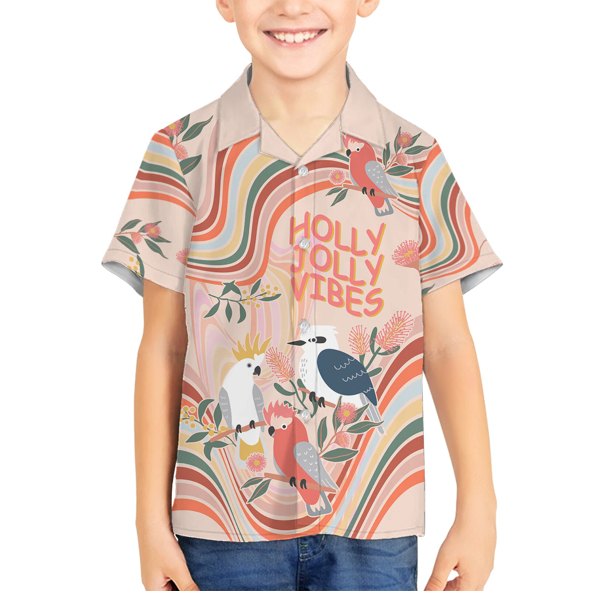 australia-hippie-christmas-family-matching-off-shoulder-long-sleeve-dress-and-hawaiian-shirt-cockatoo-kookaburra-with-wattle-pink-peach-style