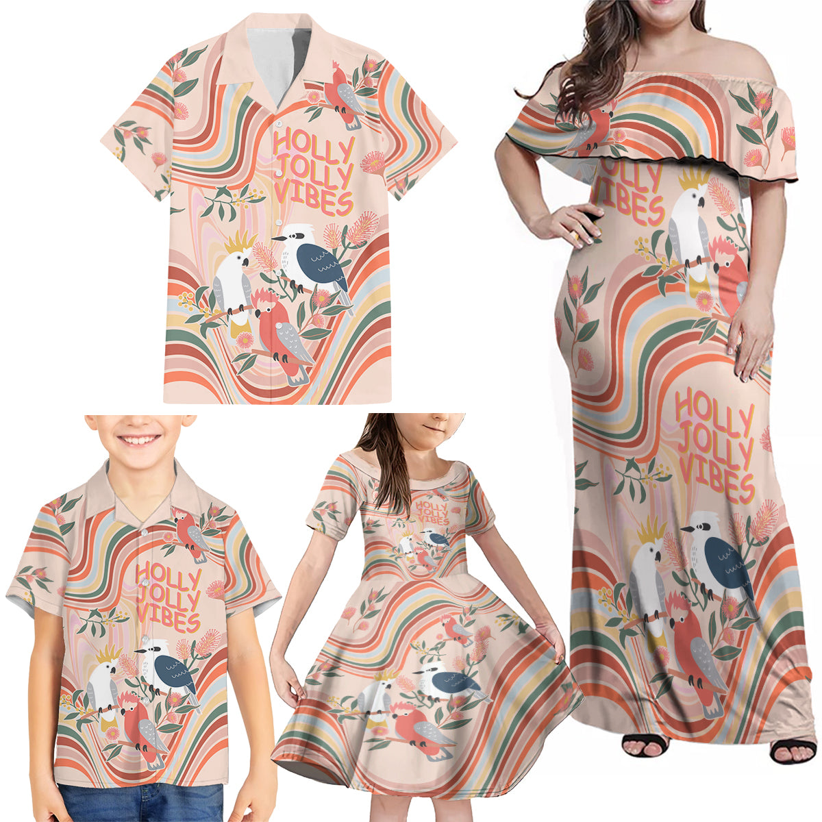 australia-hippie-christmas-family-matching-off-shoulder-maxi-dress-and-hawaiian-shirt-cockatoo-kookaburra-with-wattle-pink-peach-style