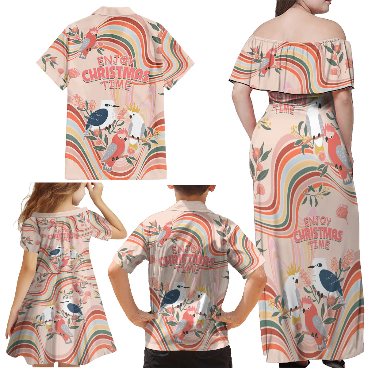 australia-hippie-christmas-family-matching-off-shoulder-maxi-dress-and-hawaiian-shirt-cockatoo-kookaburra-with-wattle-pink-peach-style