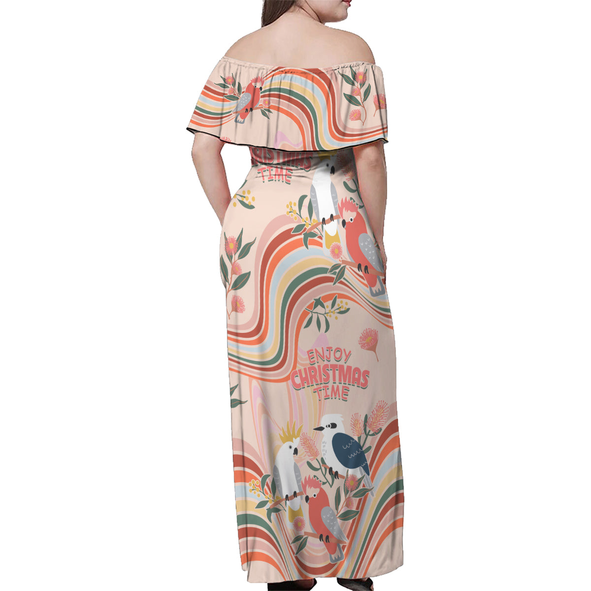 australia-hippie-christmas-family-matching-off-shoulder-maxi-dress-and-hawaiian-shirt-cockatoo-kookaburra-with-wattle-pink-peach-style