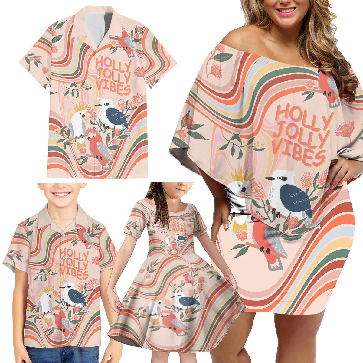 australia-hippie-christmas-family-matching-off-shoulder-short-dress-and-hawaiian-shirt-cockatoo-kookaburra-with-wattle-pink-peach-style