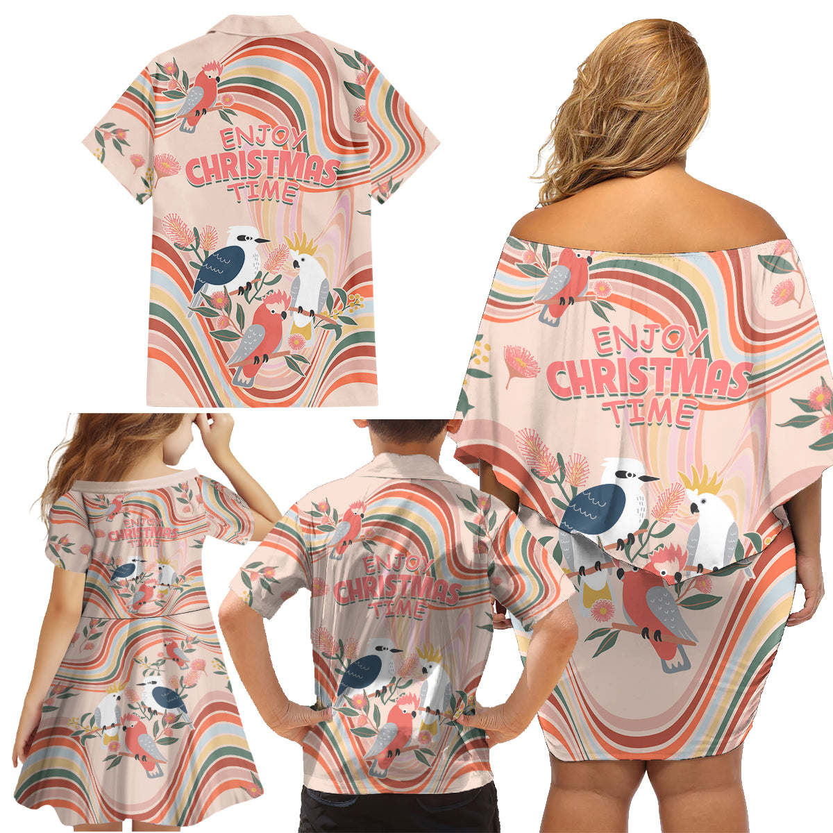 australia-hippie-christmas-family-matching-off-shoulder-short-dress-and-hawaiian-shirt-cockatoo-kookaburra-with-wattle-pink-peach-style